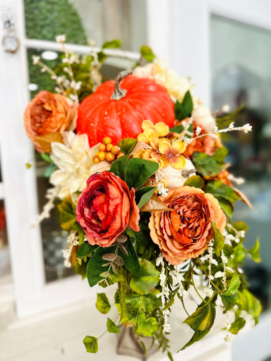 Fall Pumpkin Table Centerpiece – Thanksgiving Arrangement with Cream & Orange Florals TCT Crafts