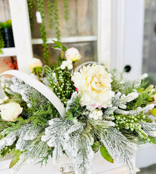 White Winter Wonderland Christmas Centerpiece with Flocked Greenery & Peonies TCT Crafts
