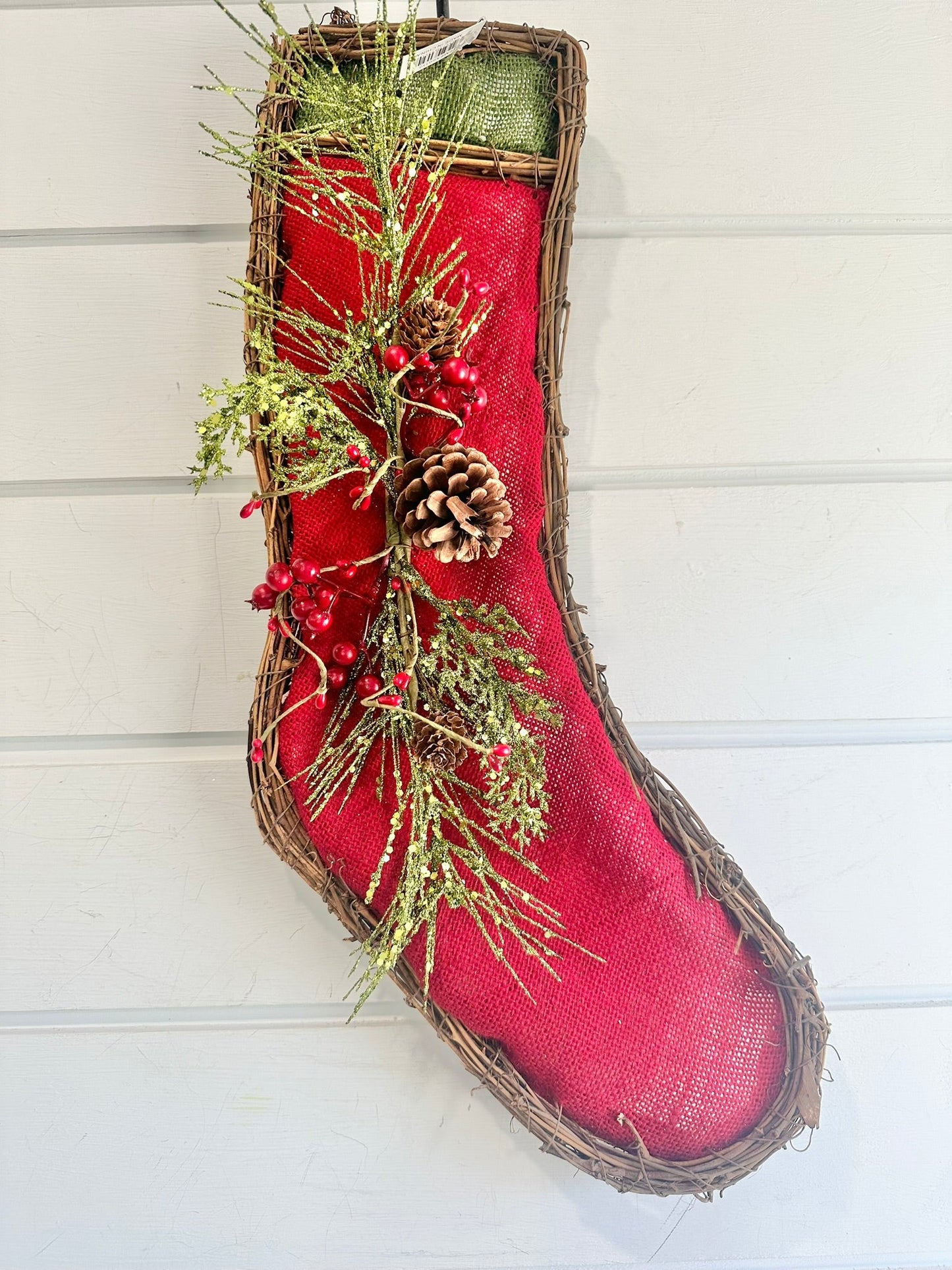 20.5" Christmas Grapevine Burlap/Glitter Stocking Decor - Red/Lime Green - Christmas grapevine wreath base TCT Crafts