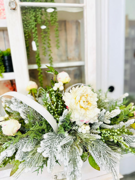 White Winter Wonderland Christmas Centerpiece with Flocked Greenery & Peonies TCT Crafts