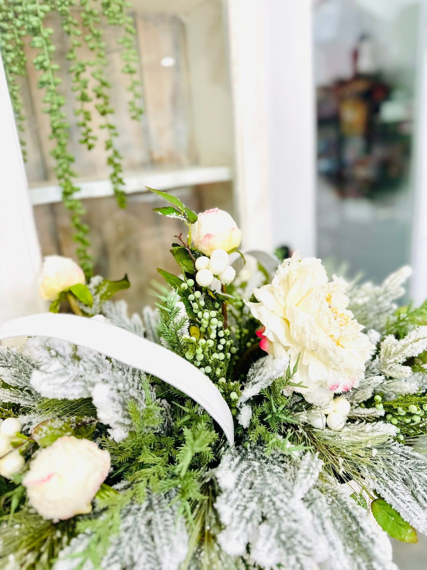 White Winter Wonderland Christmas Centerpiece with Flocked Greenery & Peonies TCT Crafts