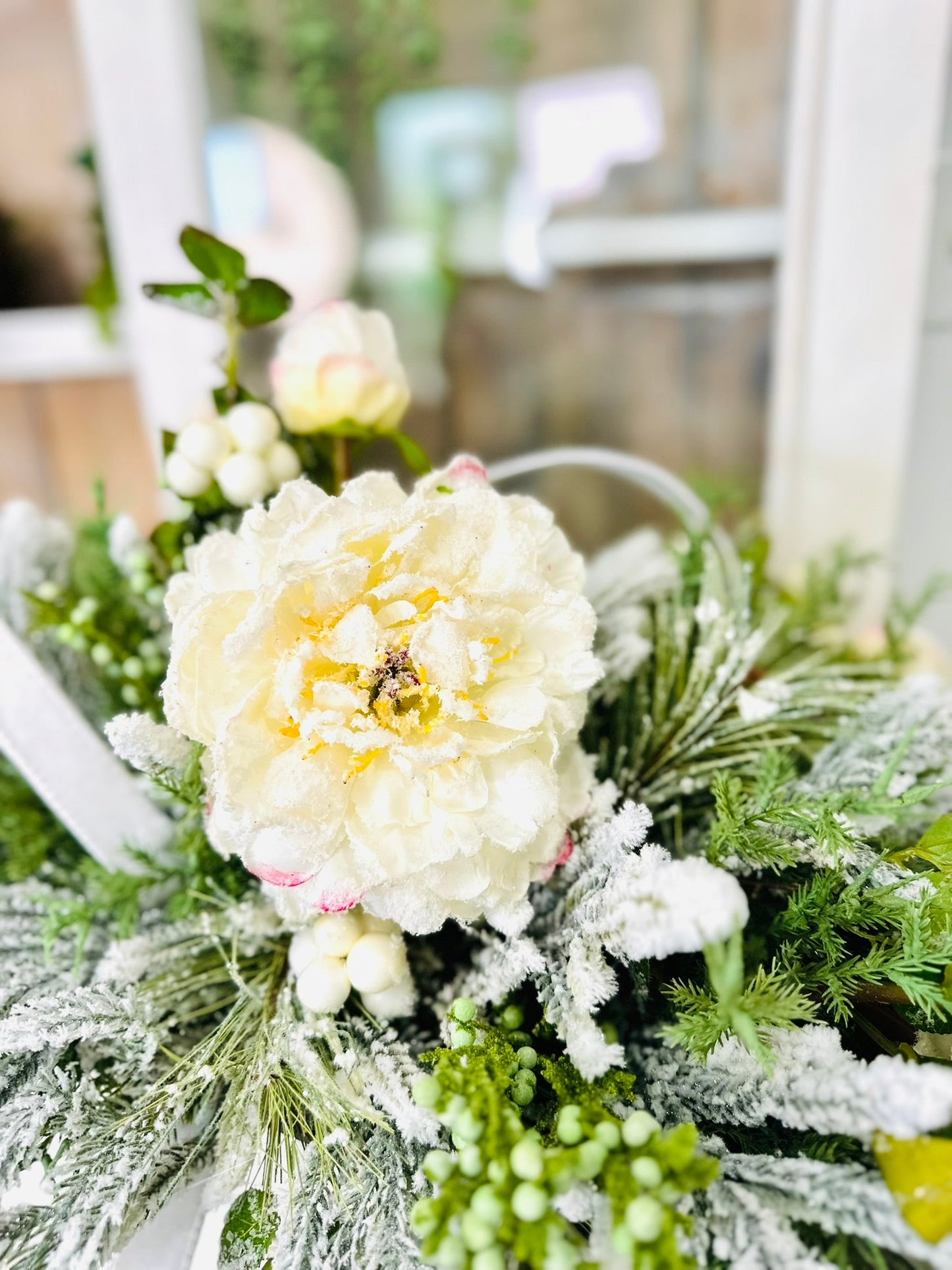 White Winter Wonderland Christmas Centerpiece with Flocked Greenery & Peonies TCT Crafts