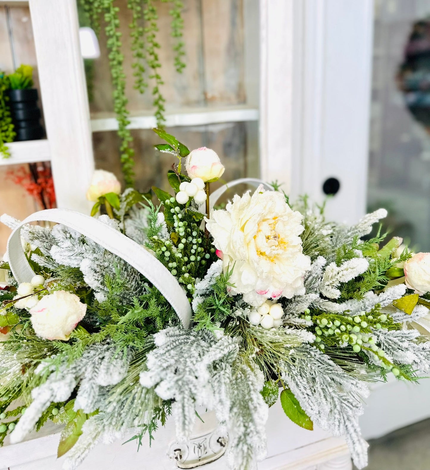 White Winter Wonderland Christmas Centerpiece with Flocked Greenery & Peonies TCT Crafts