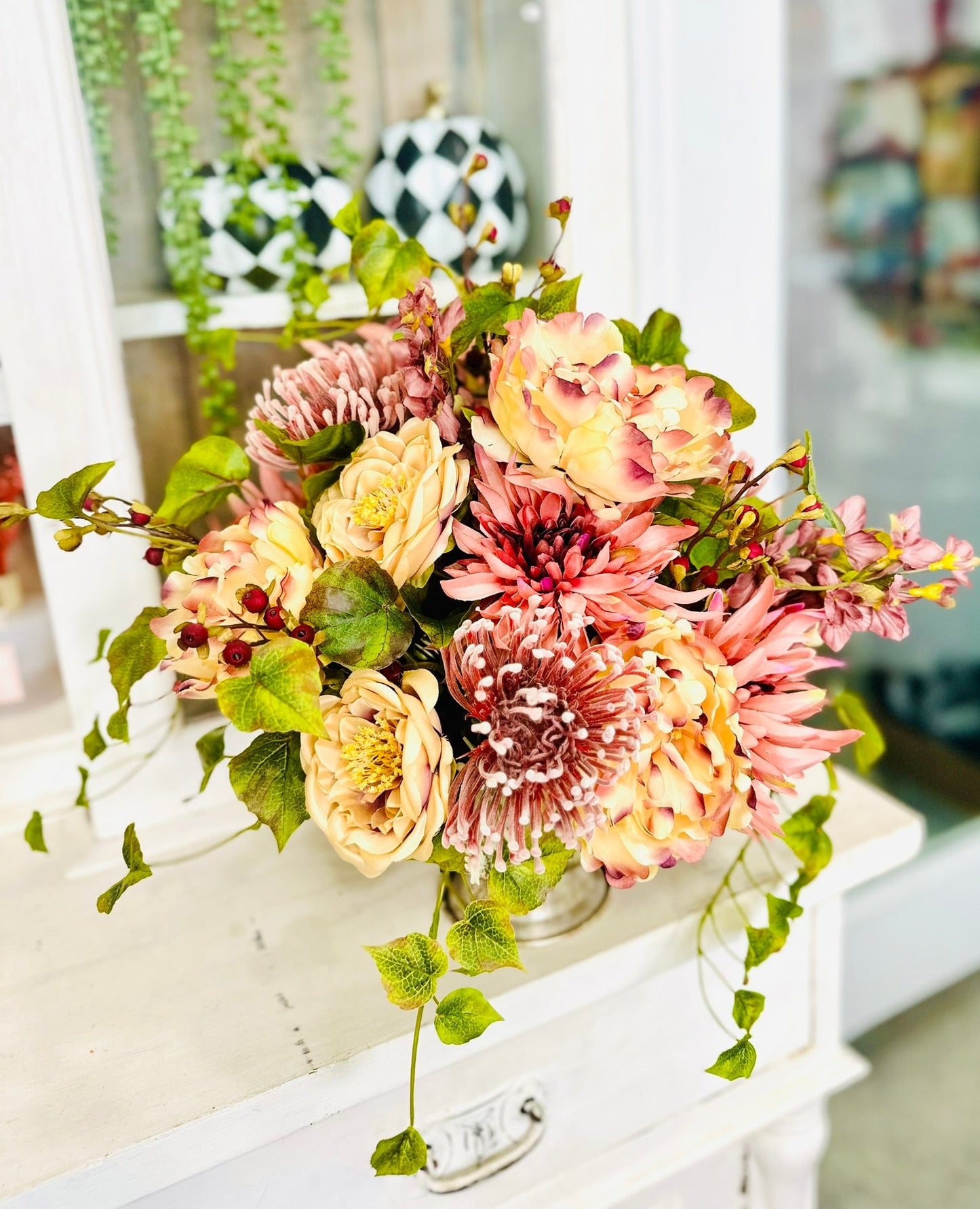 Mauve Fall Centerpiece in Metal Urn | Peony Mum Rose Arrangement TCT Crafts