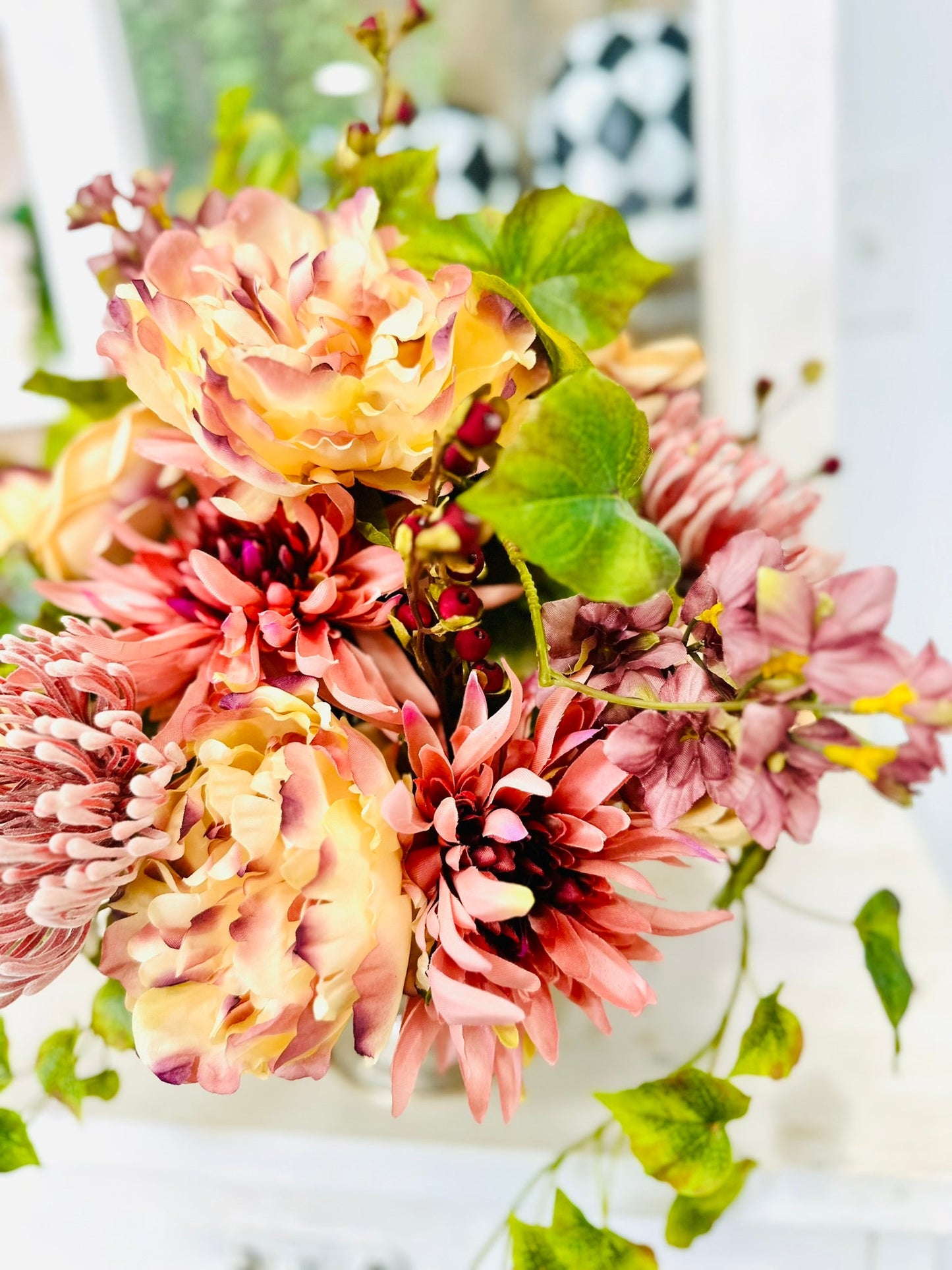 Mauve Fall Centerpiece in Metal Urn | Peony Mum Rose Arrangement TCT Crafts