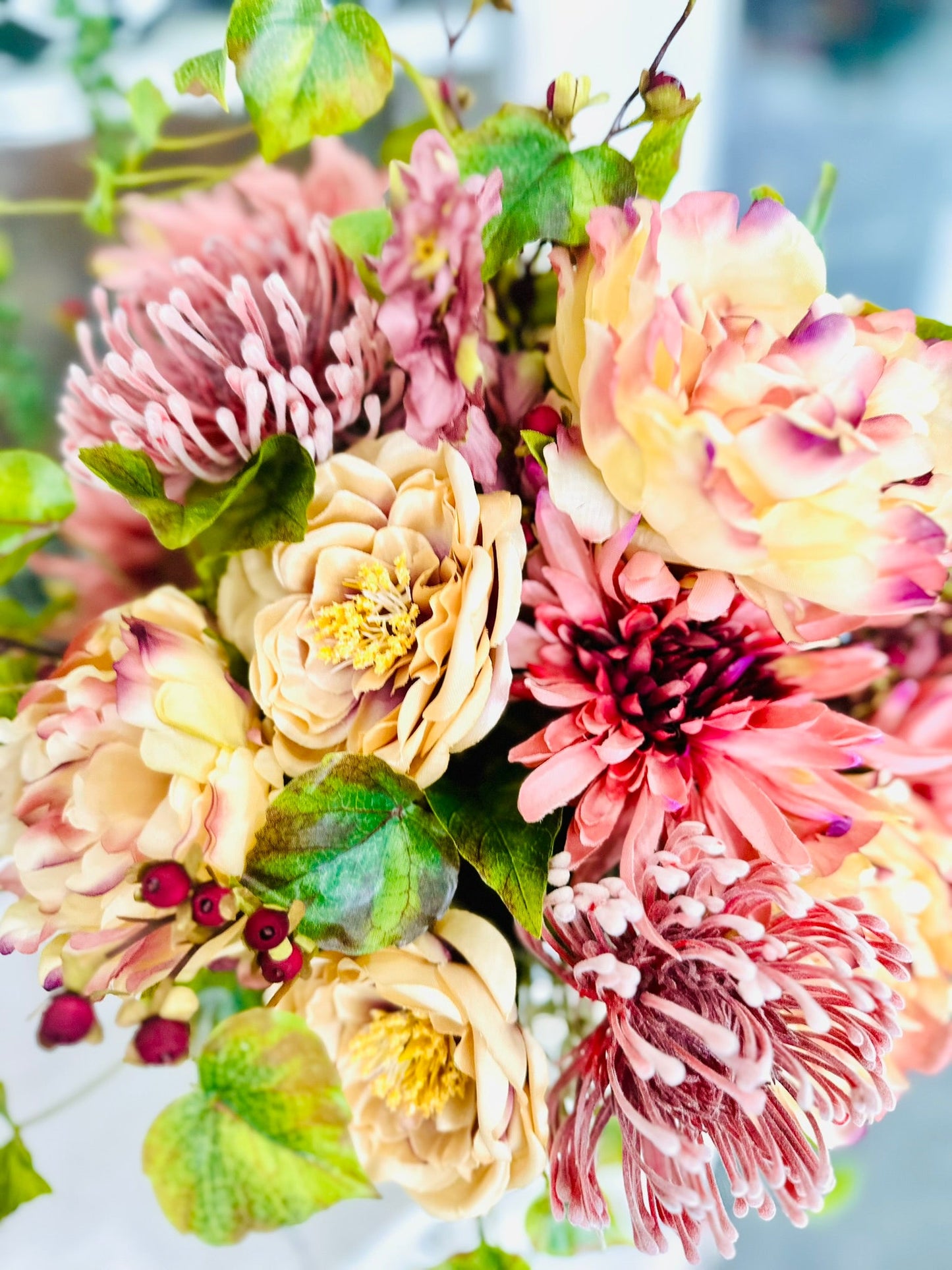 Mauve Fall Centerpiece in Metal Urn | Peony Mum Rose Arrangement TCT Crafts