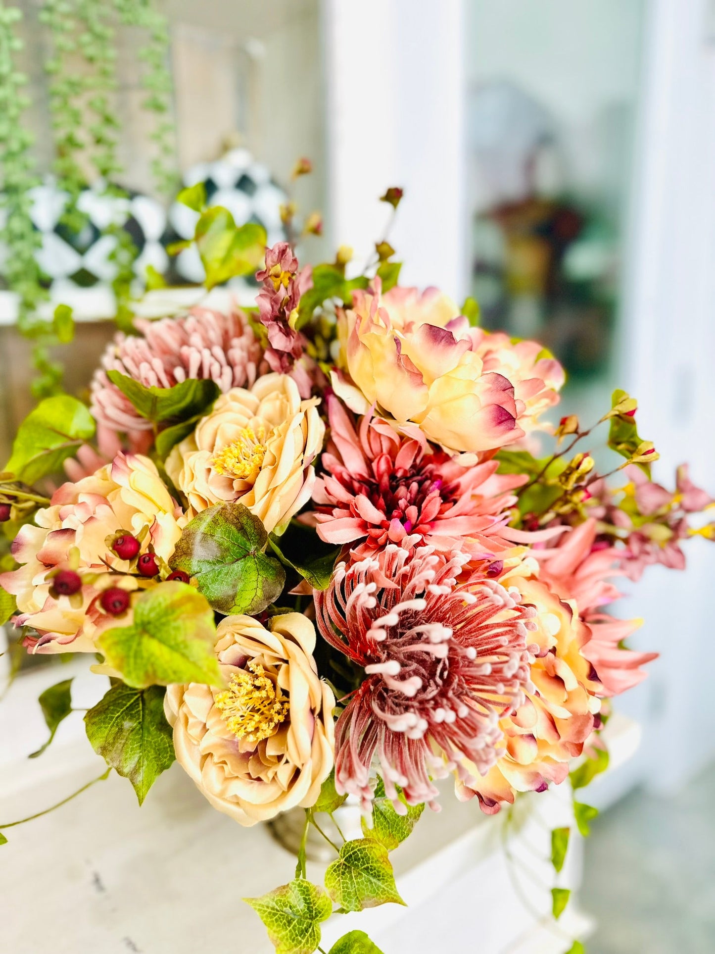 Mauve Fall Centerpiece in Metal Urn | Peony Mum Rose Arrangement TCT Crafts