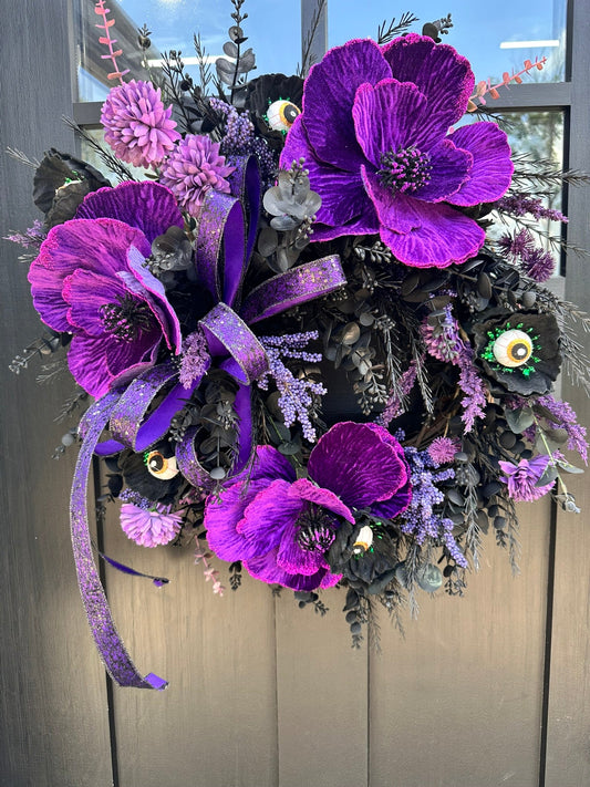 Purple Black Halloween Eyeball Wreath | Whimsical Floral Grapevine Wreath TCT Crafts