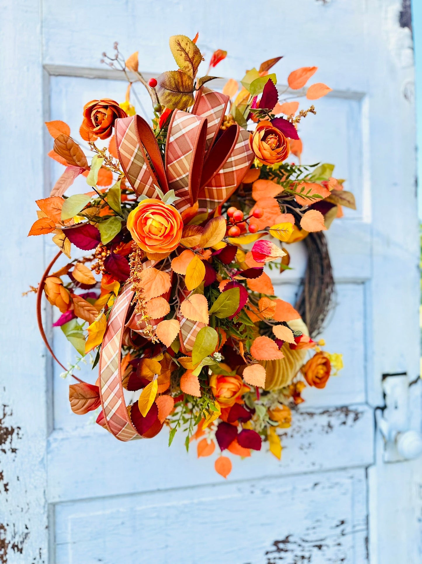 Fall Grapevine Pumpkin Wreath with Velvet Pumpkins, Ranunculus, Leaves, Berries & Designer Ribbon TCT Crafts