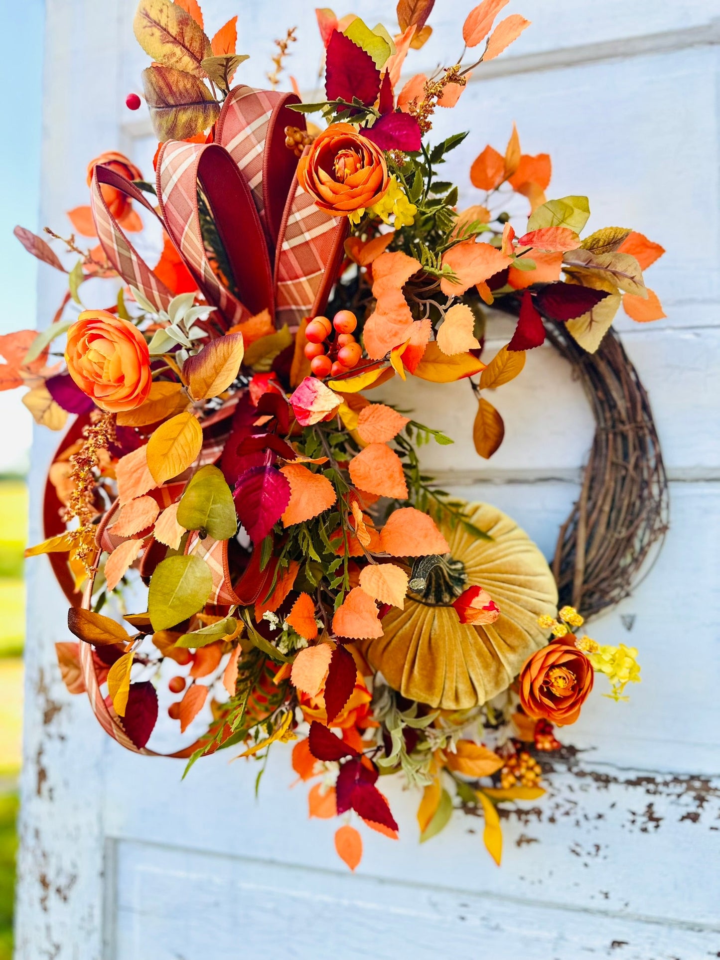 Fall Grapevine Pumpkin Wreath with Velvet Pumpkins, Ranunculus, Leaves, Berries & Designer Ribbon TCT Crafts