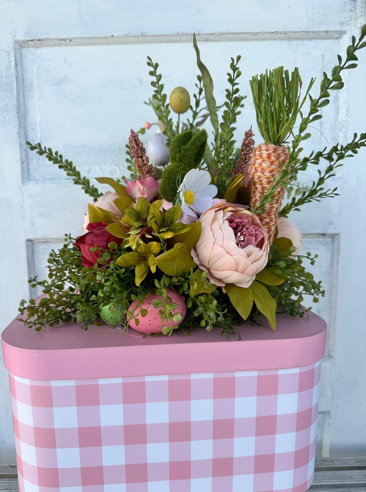 Large Pink/White Easter Centerpiece with Moss Bunny and Decorative Carrots - TCT Crafts Spring Seasonal Decor TCT Crafts