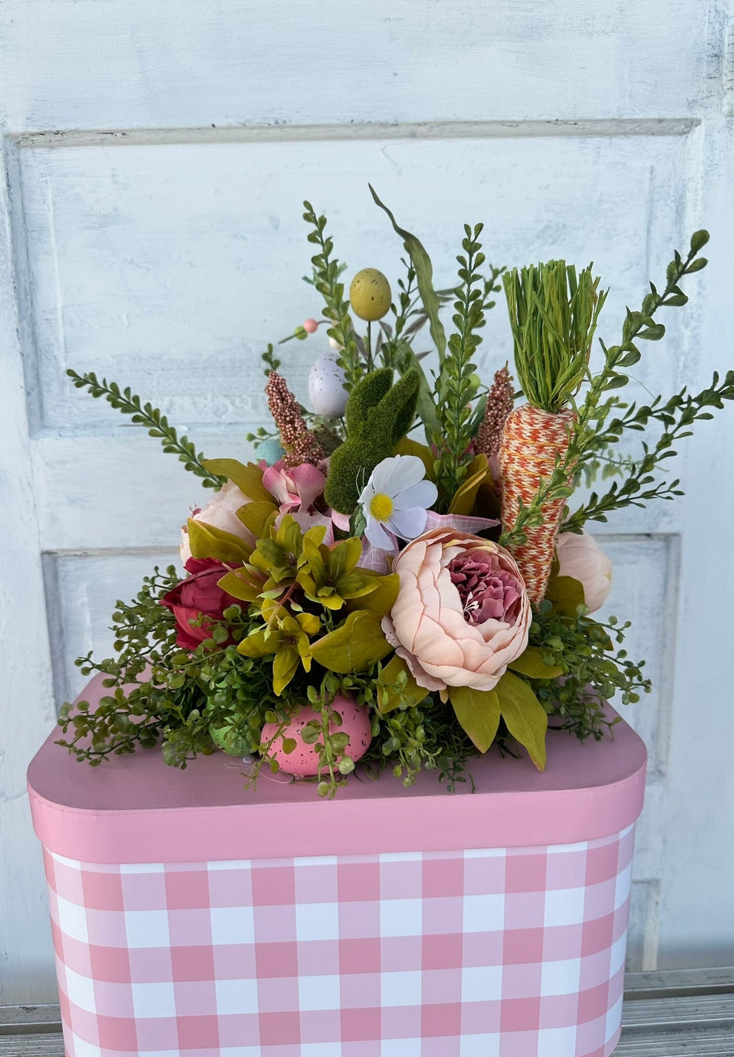 Large Pink/White Easter Centerpiece with Moss Bunny and Decorative Carrots - TCT Crafts Spring Seasonal Decor TCT Crafts