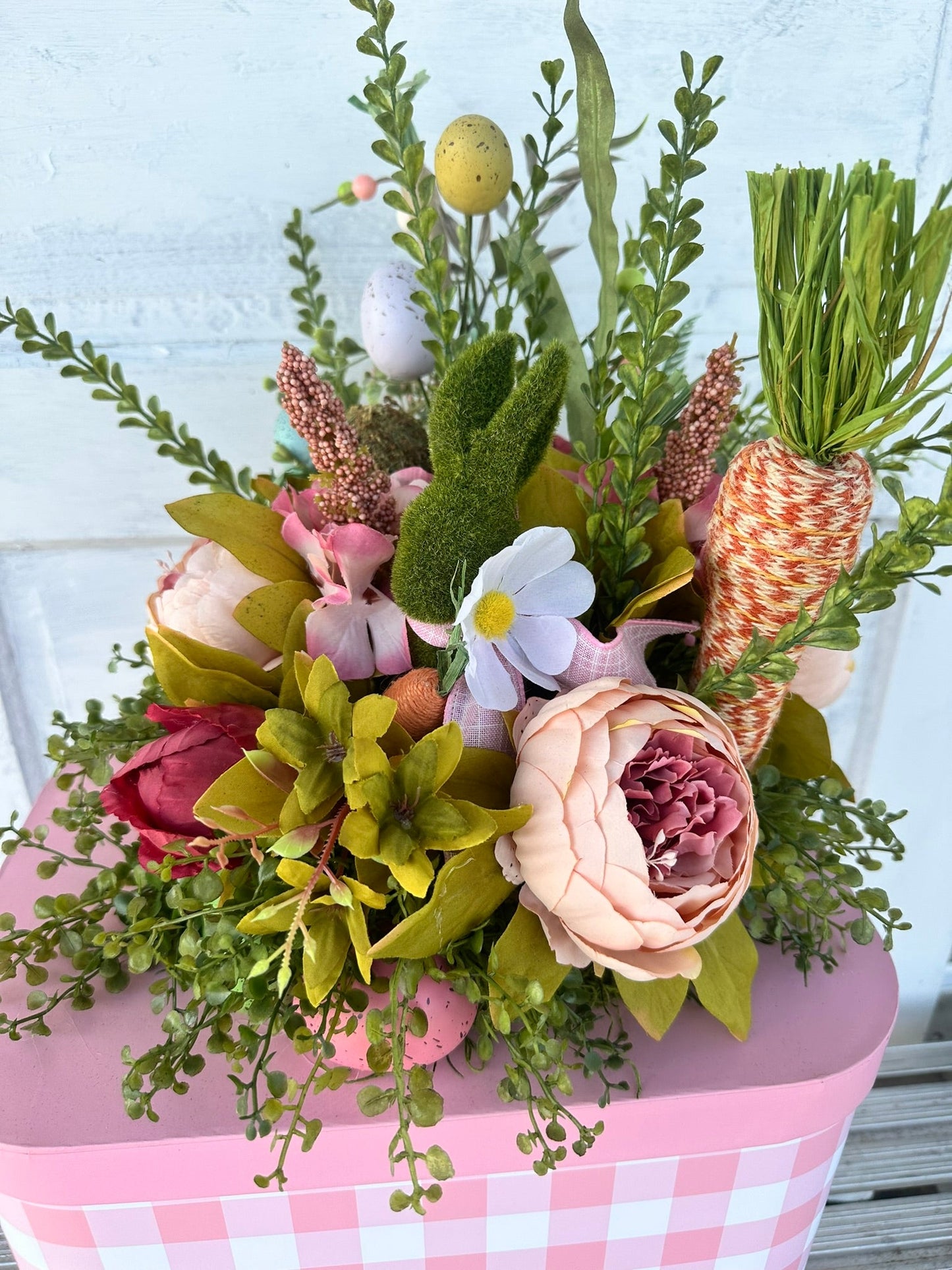 Large Pink/White Easter Centerpiece with Moss Bunny and Decorative Carrots - TCT Crafts Spring Seasonal Decor TCT Crafts