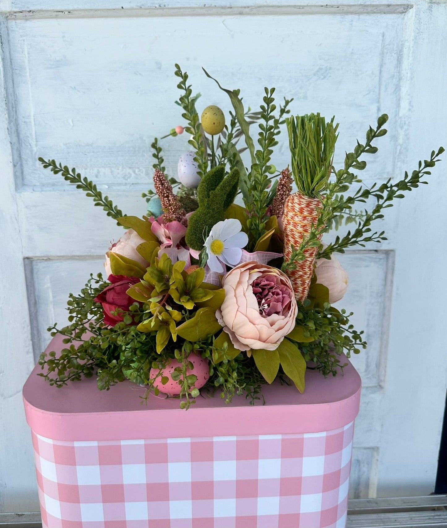 Large Pink/White Easter Centerpiece with Moss Bunny and Decorative Carrots - TCT Crafts Spring Seasonal Decor TCT Crafts