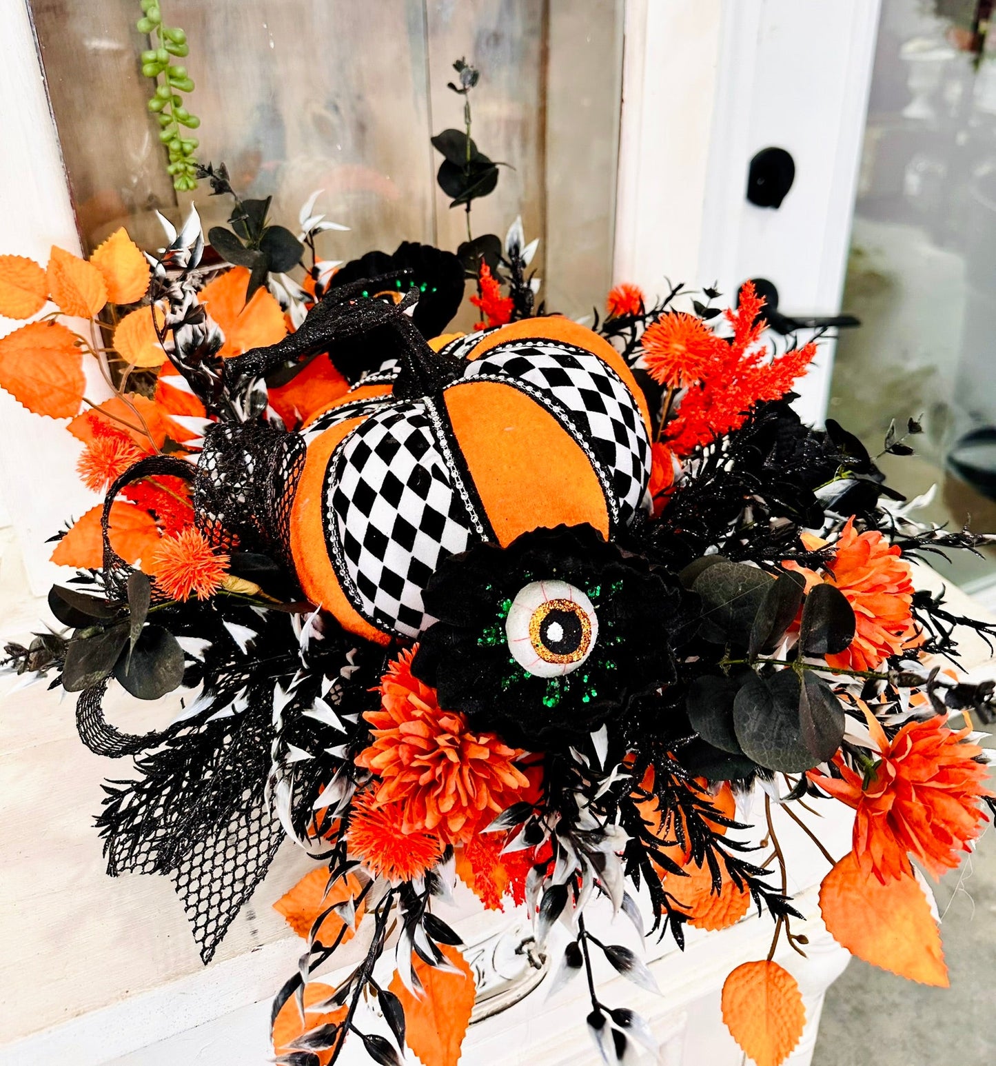 18" Fun Halloween Pumpkin Centerpiece – Whimsical Harlequin Pumpkin with Eyeball Sprays TCT Crafts