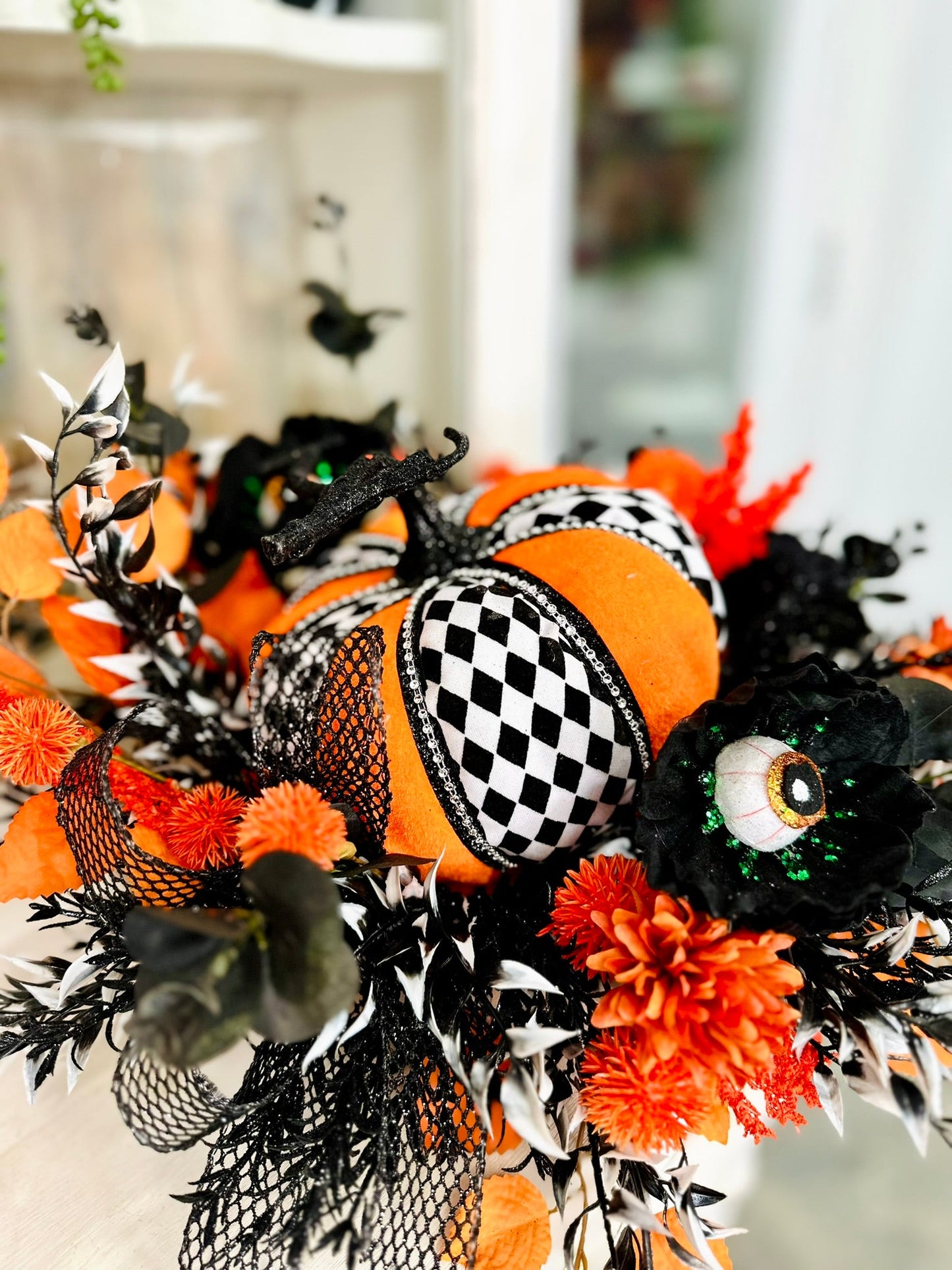 18" Fun Halloween Pumpkin Centerpiece – Whimsical Harlequin Pumpkin with Eyeball Sprays TCT Crafts