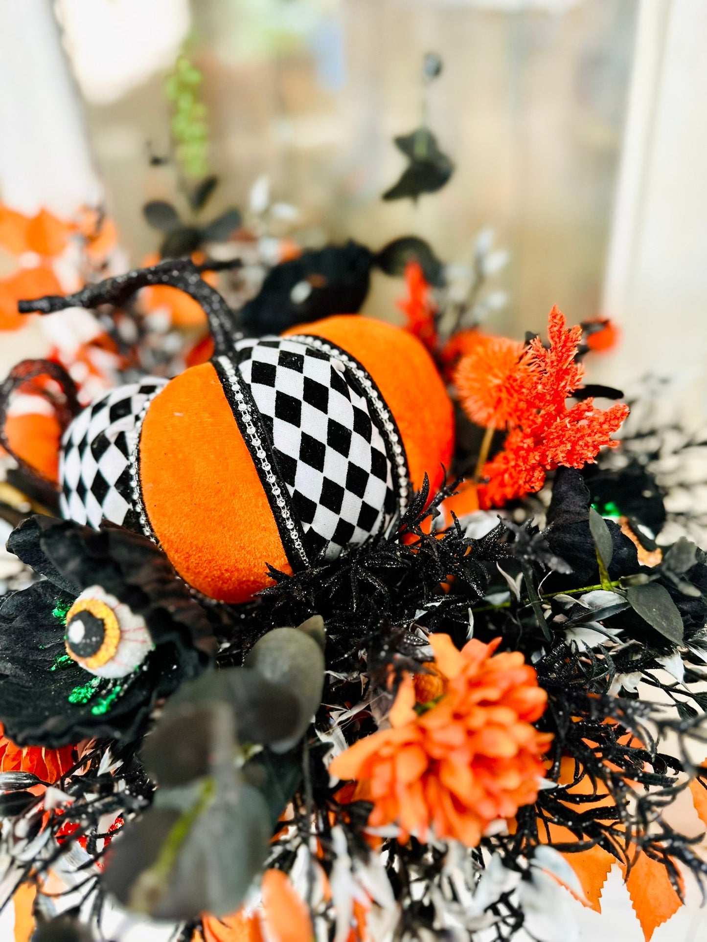 18" Fun Halloween Pumpkin Centerpiece – Whimsical Harlequin Pumpkin with Eyeball Sprays TCT Crafts