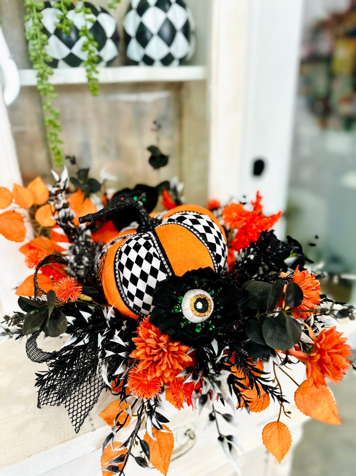18" Fun Halloween Pumpkin Centerpiece – Whimsical Harlequin Pumpkin with Eyeball Sprays TCT Crafts