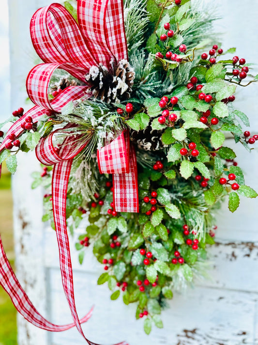 31" Grand Holiday Teardrop Swag – Flocked Pine, Holly & Plaid Ribbon TCT Crafts