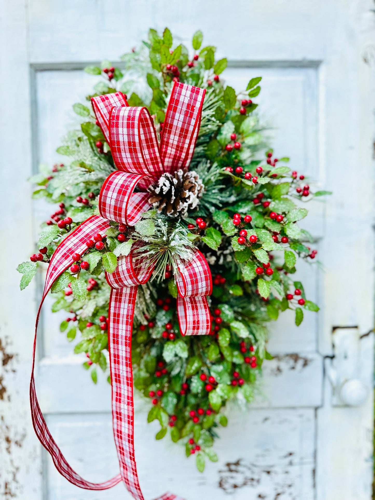 31" Grand Holiday Teardrop Swag – Flocked Pine, Holly & Plaid Ribbon TCT Crafts