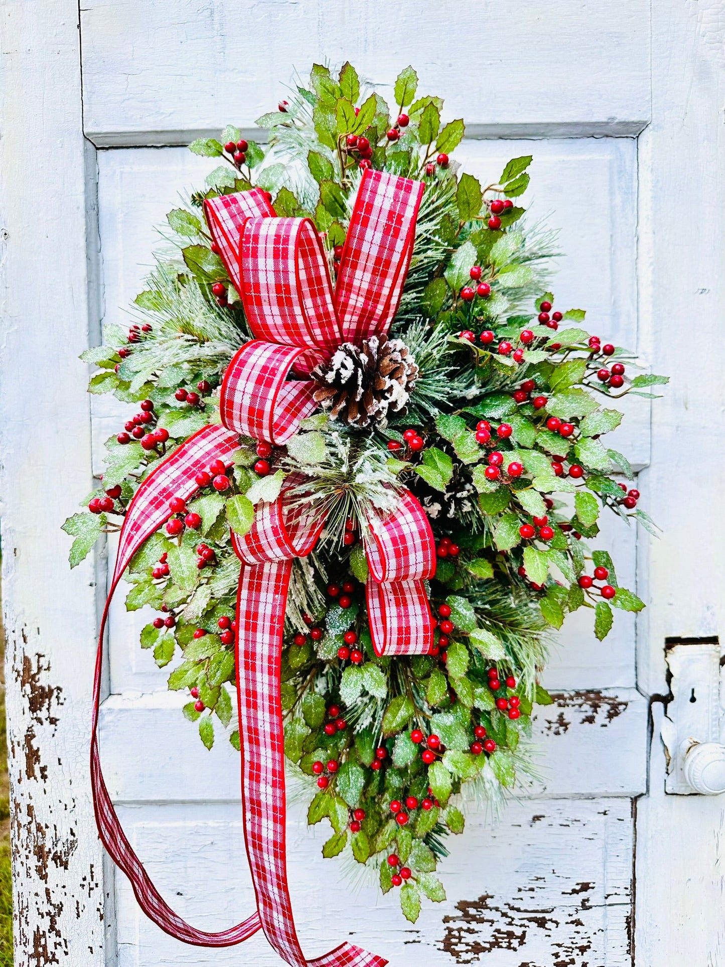 31" Grand Holiday Teardrop Swag – Flocked Pine, Holly & Plaid Ribbon TCT Crafts