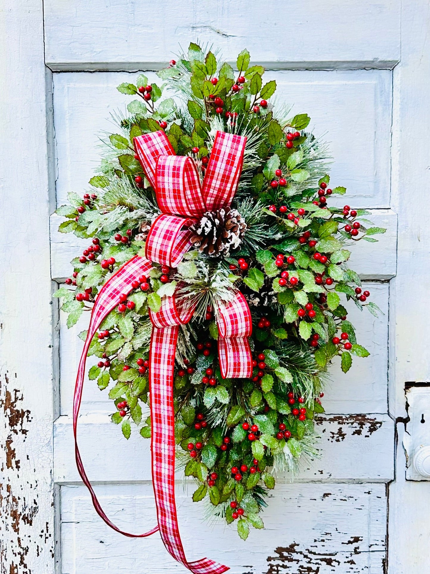 31" Grand Holiday Teardrop Swag – Flocked Pine, Holly & Plaid Ribbon TCT Crafts