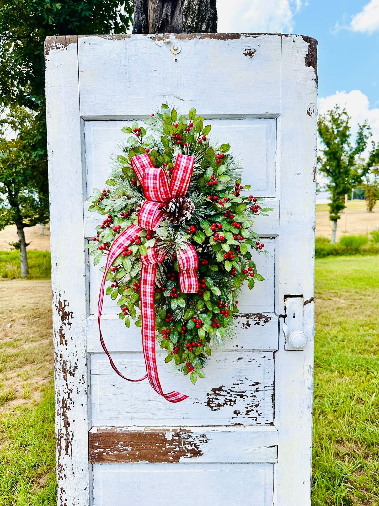 31" Grand Holiday Teardrop Swag – Flocked Pine, Holly & Plaid Ribbon TCT Crafts