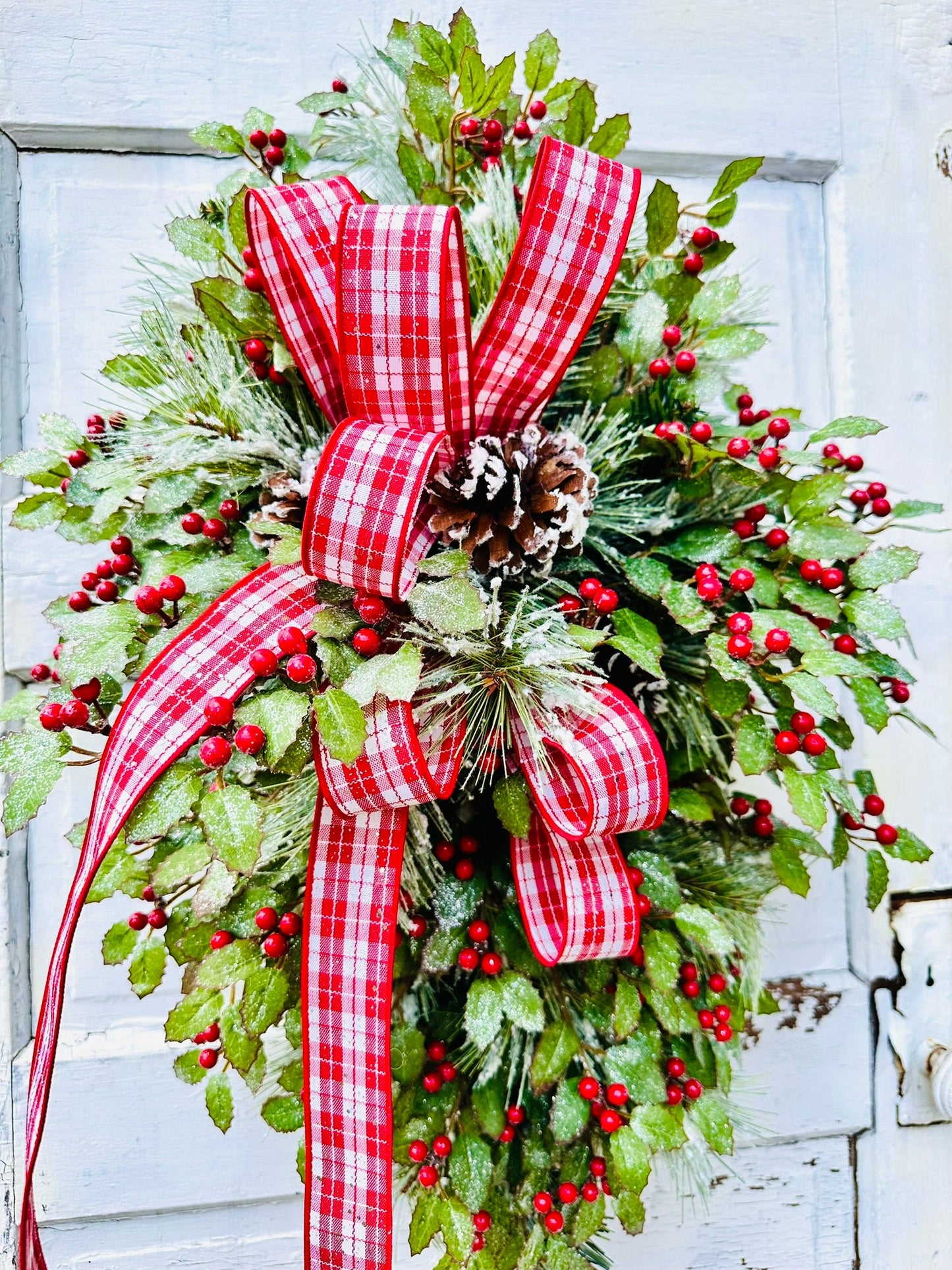 31" Grand Holiday Teardrop Swag – Flocked Pine, Holly & Plaid Ribbon TCT Crafts