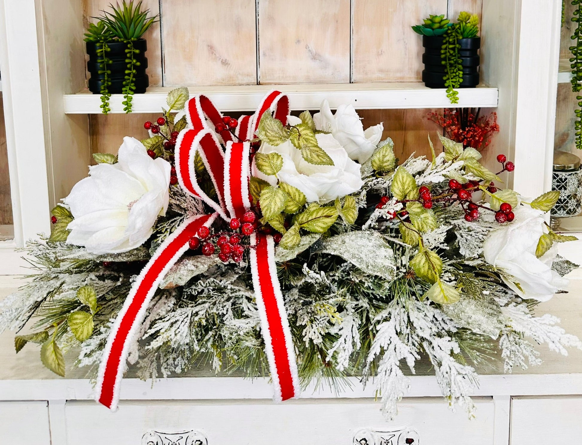 XL Snowy Magnolia Christmas Centerpiece – Winter Table Arrangement TCT Crafts