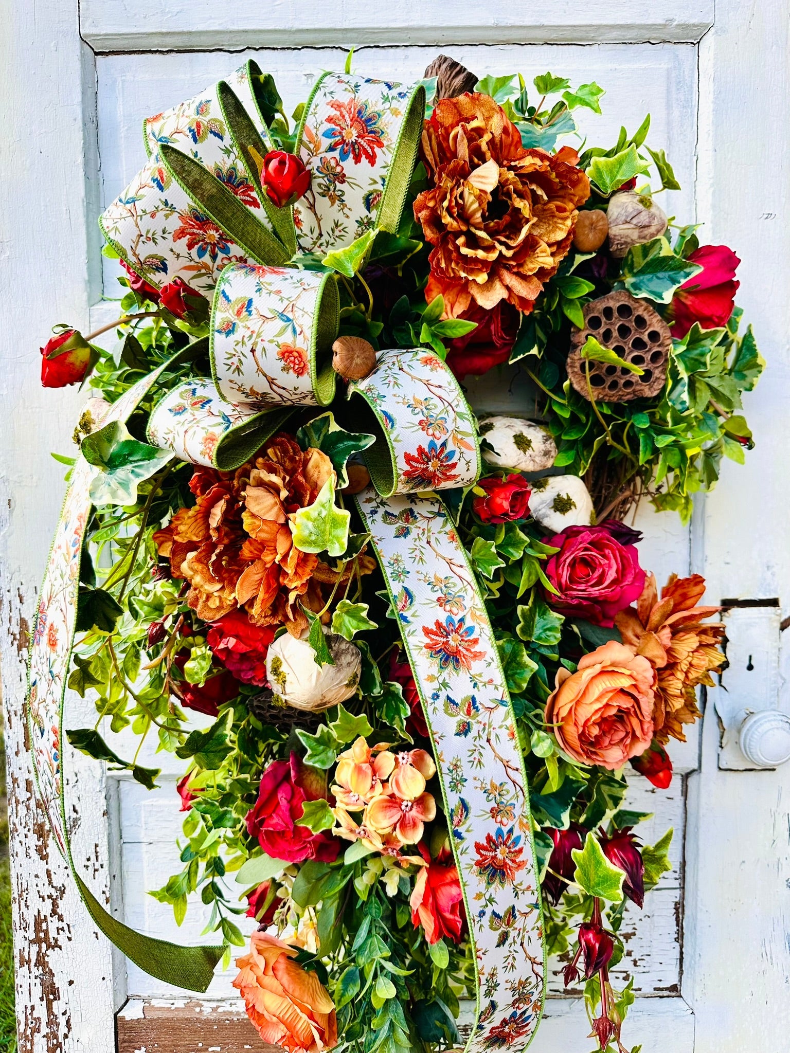 XL Fall Grapevine Wreath with Peonies, Mushrooms, Ruscus & Ribbon – Enchanted Autumn Door Decor TCTCrafts