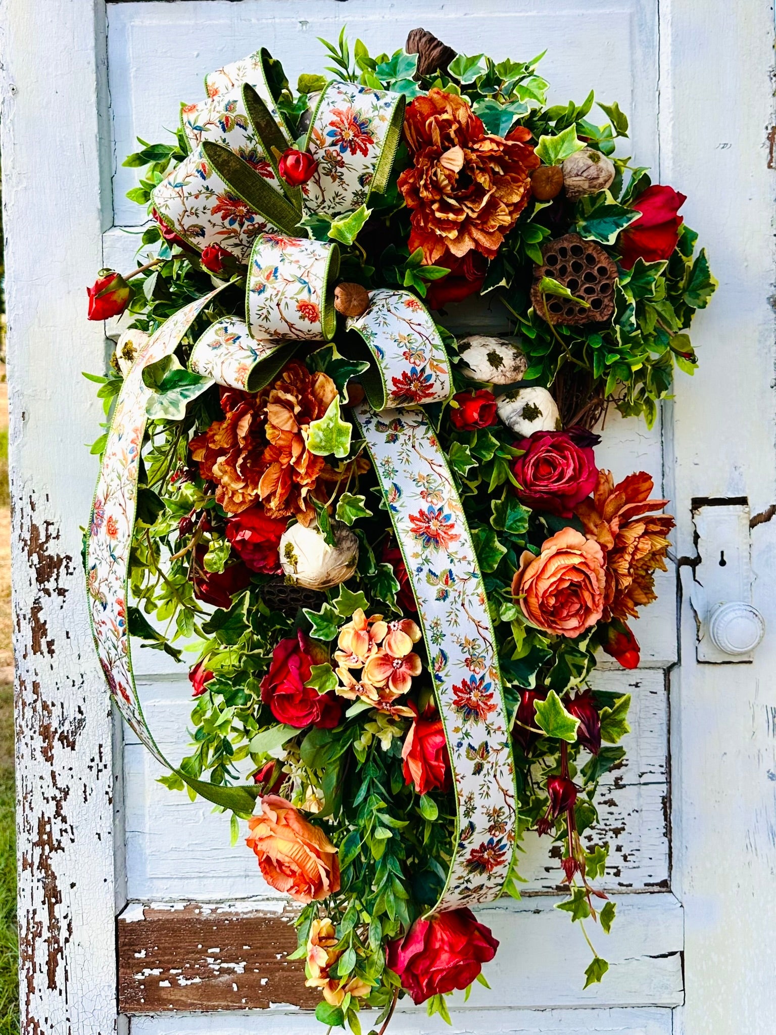 XL Fall Grapevine Wreath with Peonies, Mushrooms, Ruscus & Ribbon – Enchanted Autumn Door Decor TCTCrafts