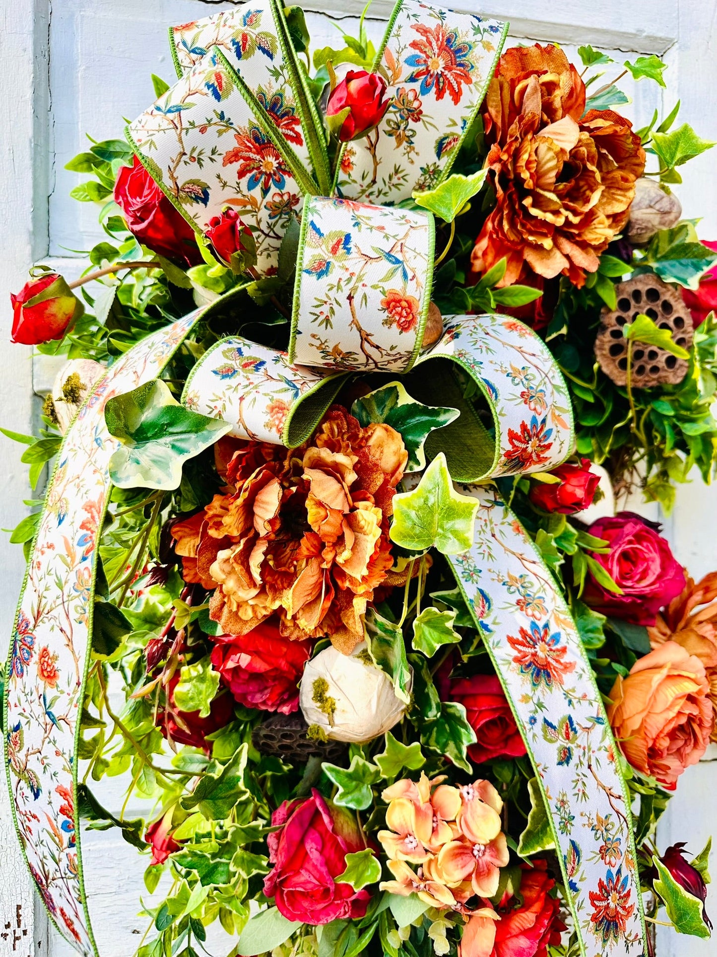 XL Fall Grapevine Wreath with Peonies, Mushrooms, Ruscus & Ribbon – Enchanted Autumn Door Decor TCTCrafts