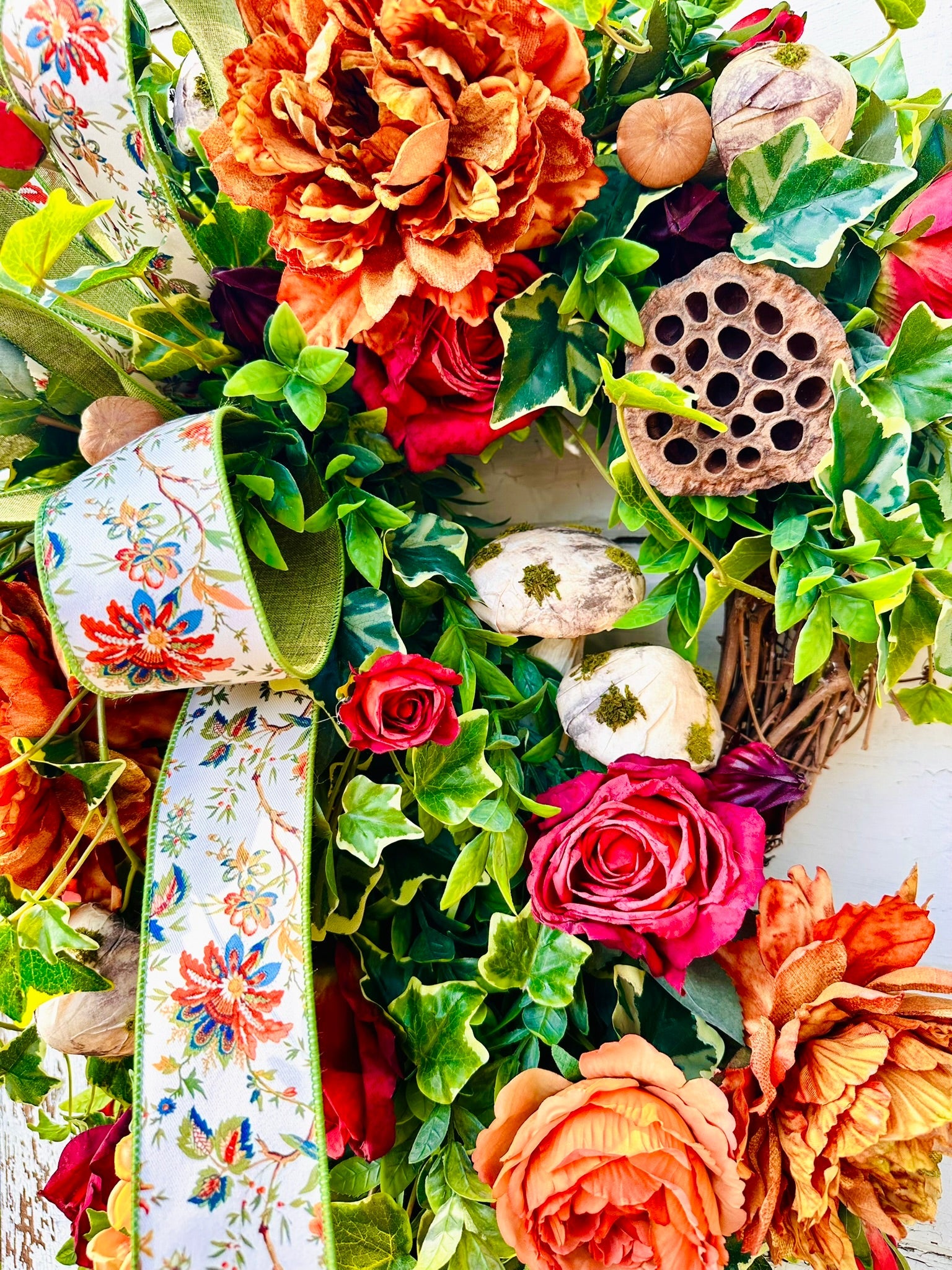 XL Fall Grapevine Wreath with Peonies, Mushrooms, Ruscus & Ribbon – Enchanted Autumn Door Decor TCTCrafts