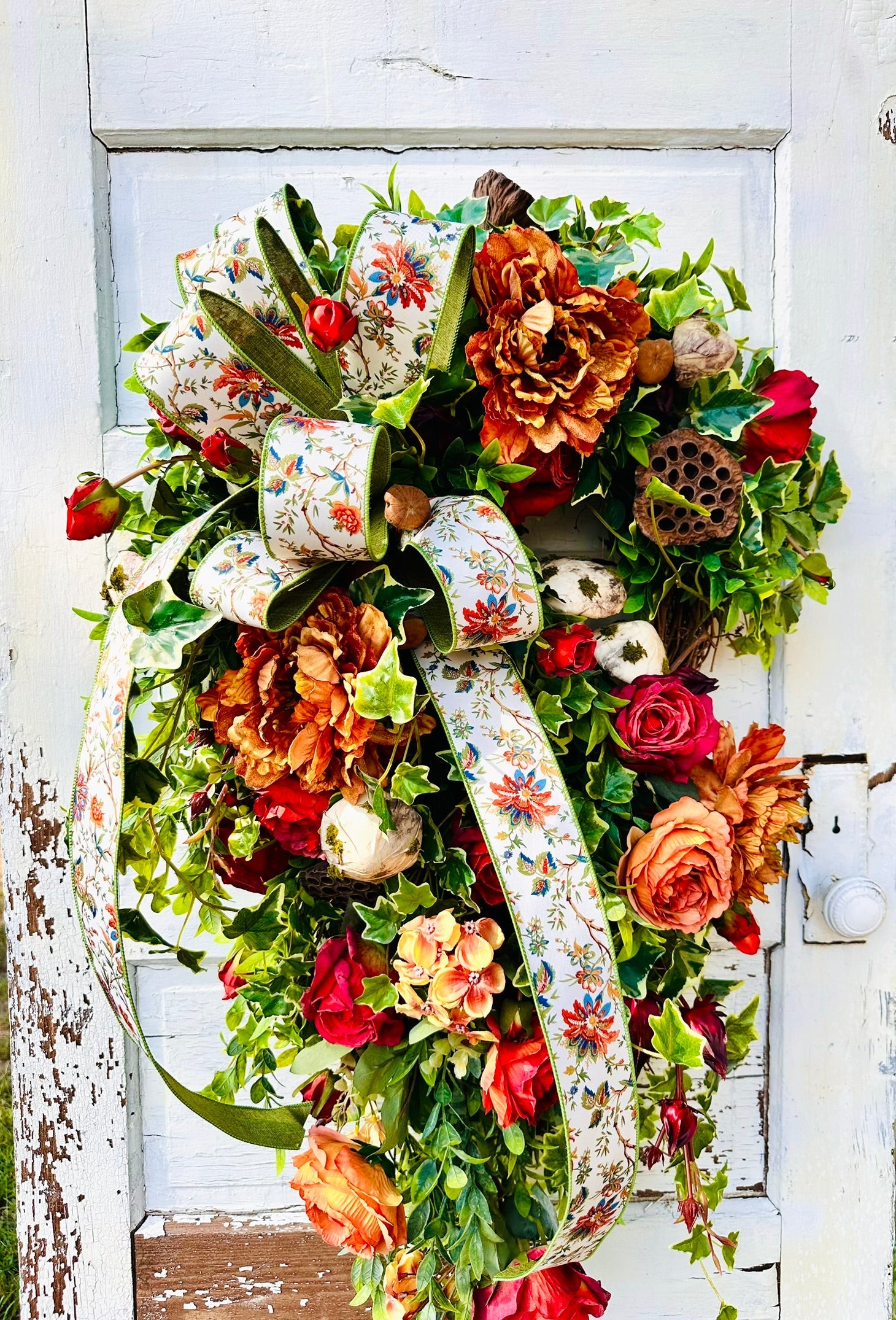 XL Fall Grapevine Wreath with Peonies, Mushrooms, Ruscus & Ribbon – Enchanted Autumn Door Decor TCTCrafts