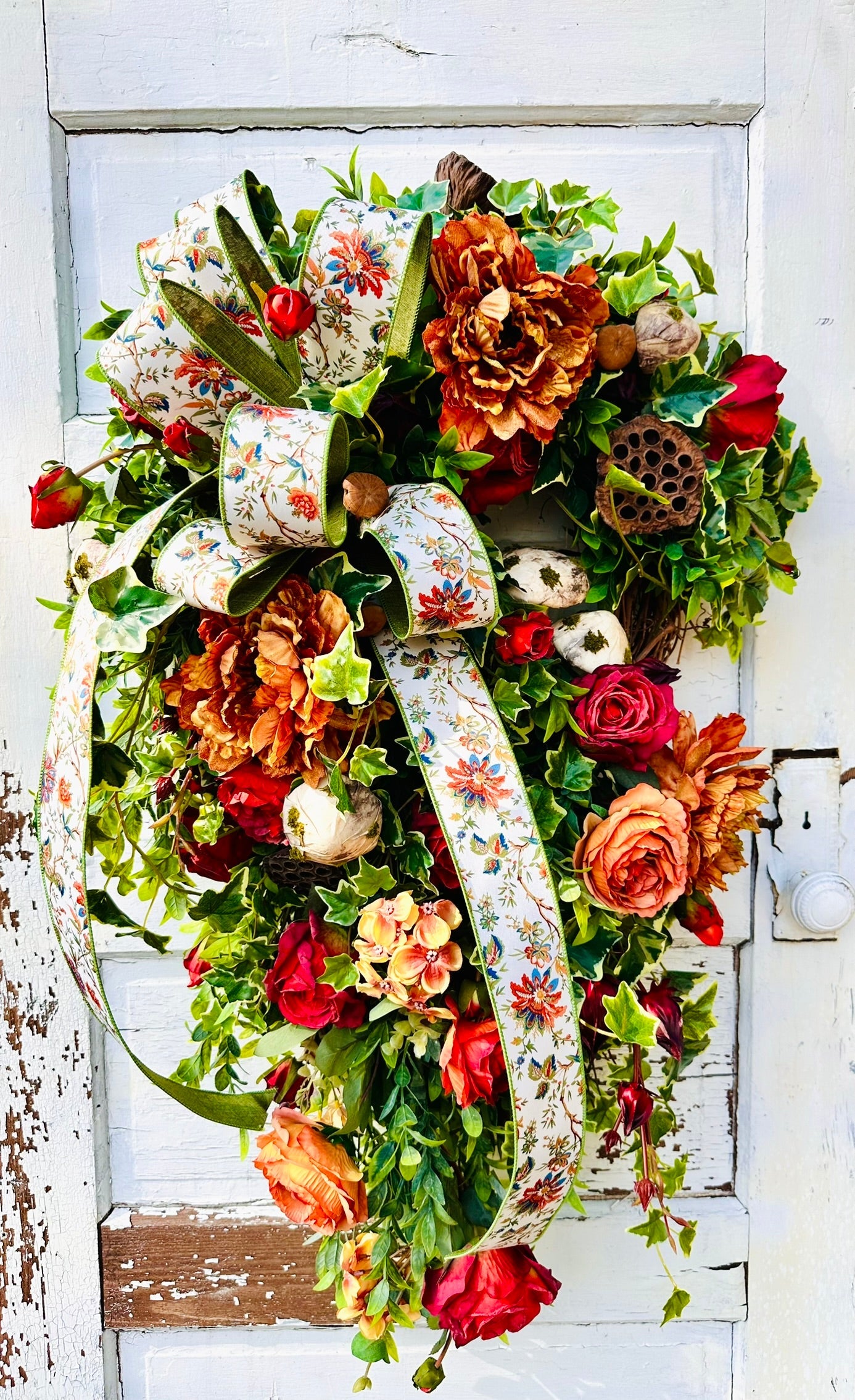 XL Fall Grapevine Wreath with Peonies, Mushrooms, Ruscus & Ribbon – Enchanted Autumn Door Decor TCTCrafts