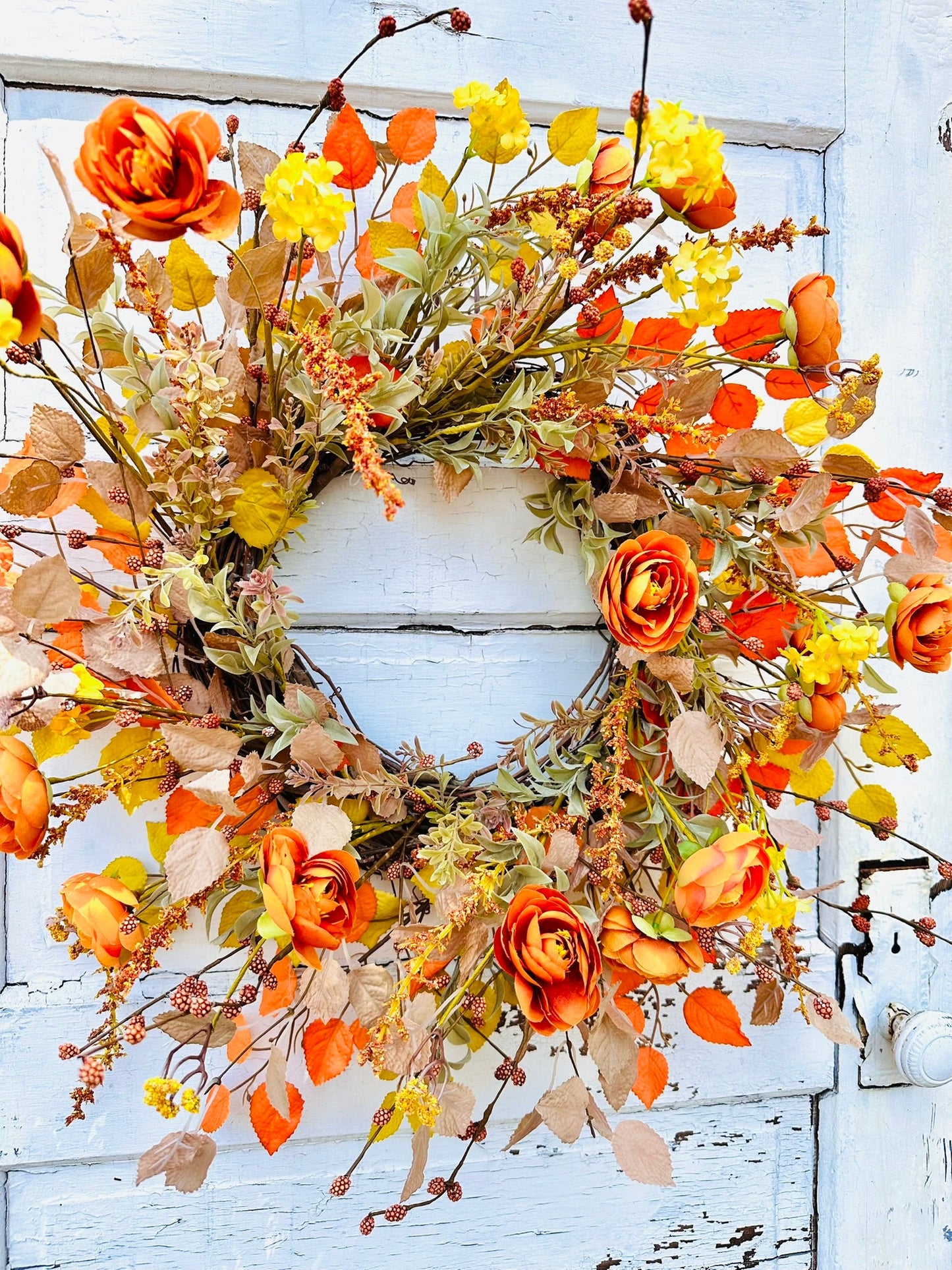 24" Fall Grapevine Wreath with Orange Ranunculus & Yellow Flowers – Autumn Front Door Decor TCT Crafts