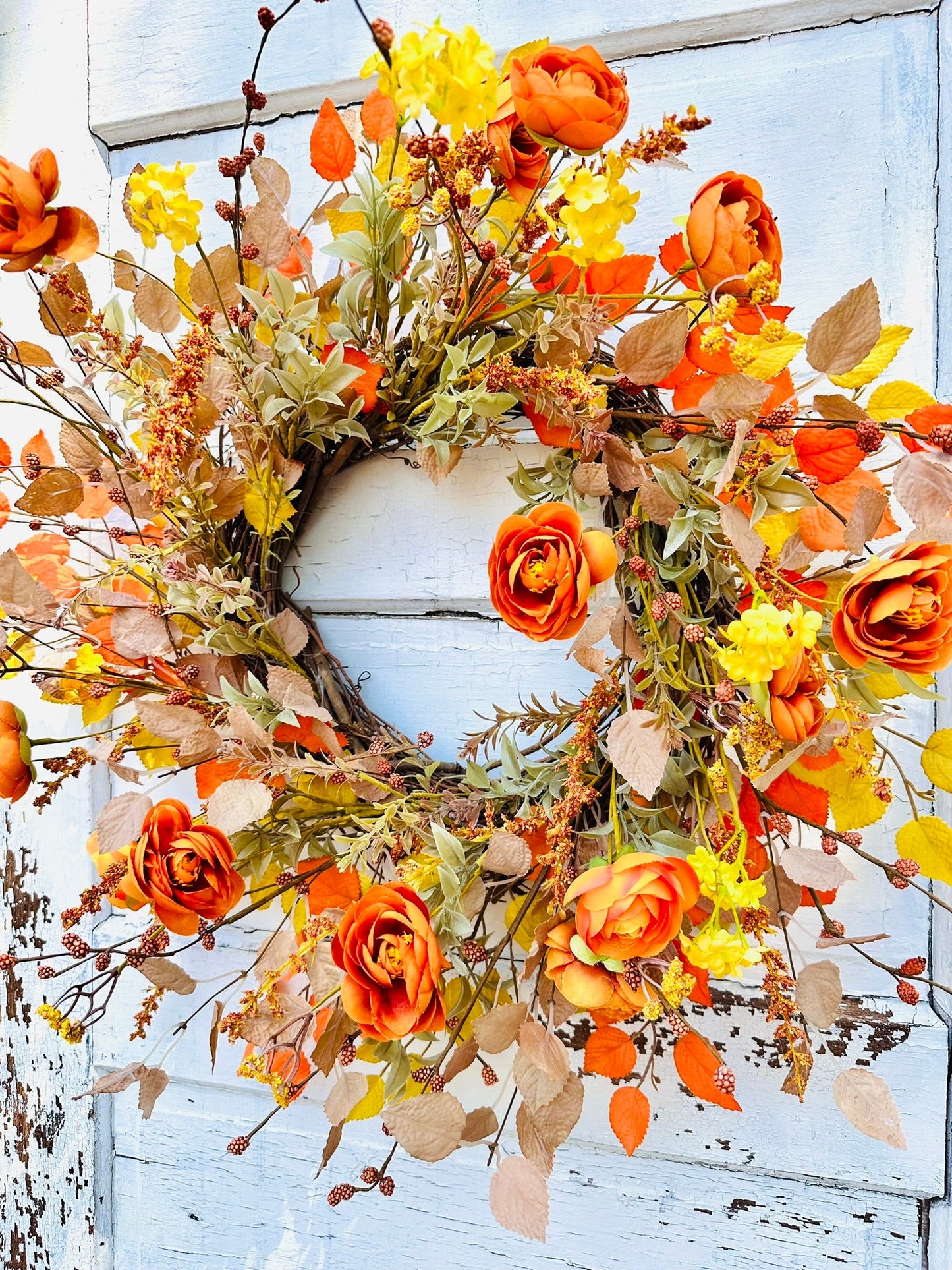24" Fall Grapevine Wreath with Orange Ranunculus & Yellow Flowers – Autumn Front Door Decor TCT Crafts