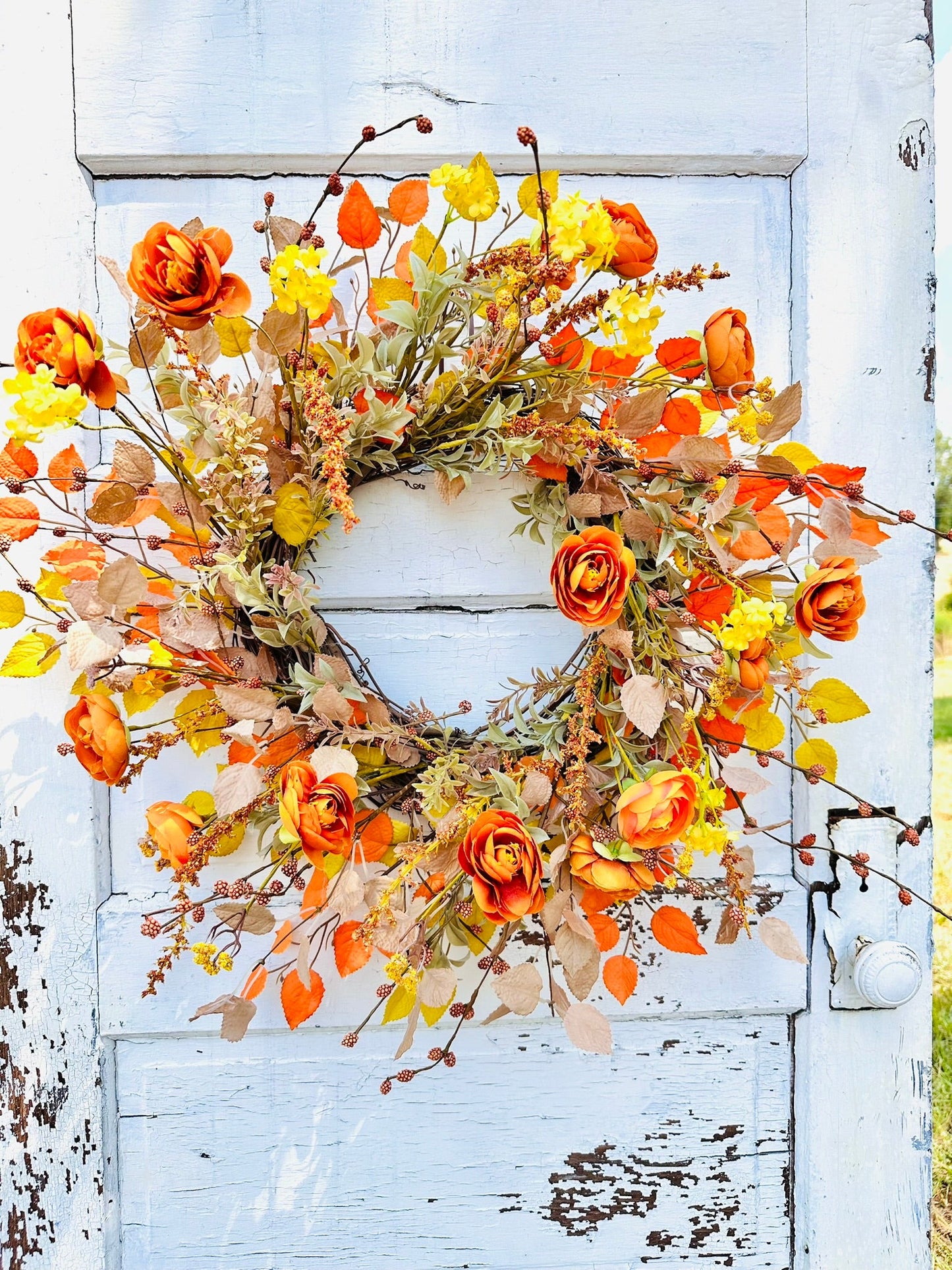 24" Fall Grapevine Wreath with Orange Ranunculus & Yellow Flowers – Autumn Front Door Decor TCT Crafts