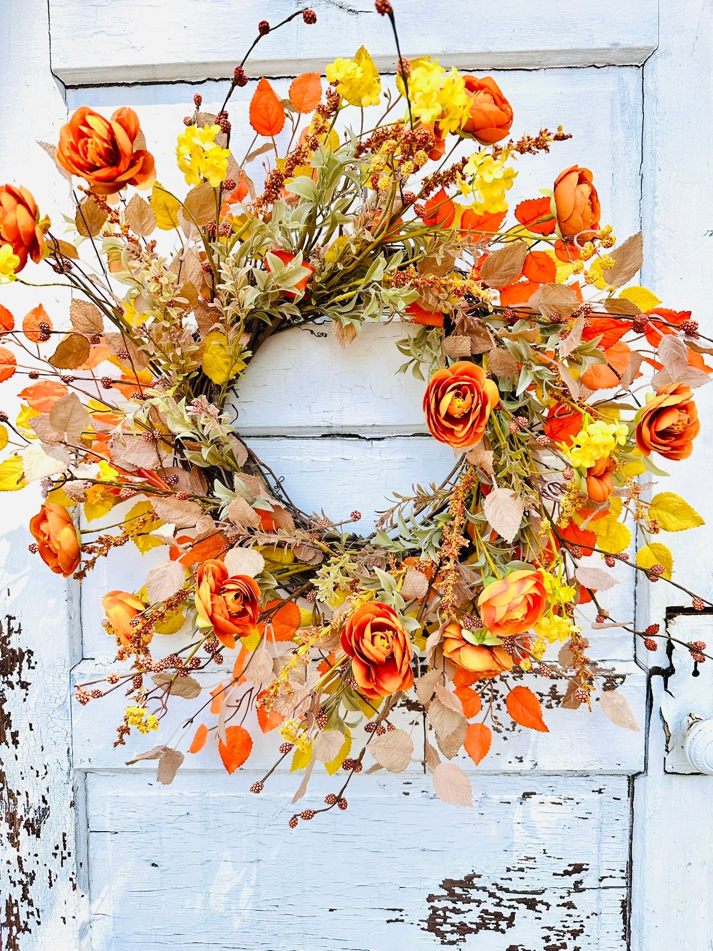 24" Fall Grapevine Wreath with Orange Ranunculus & Yellow Flowers – Autumn Front Door Decor TCT Crafts