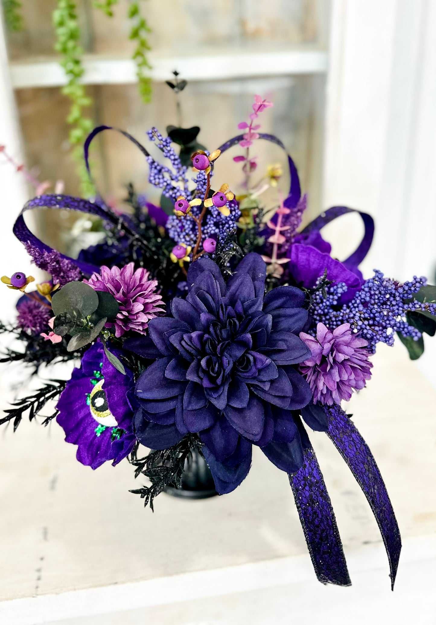 Small Purple Glam Halloween Eyeball Centerpiece – Gothic Floral Decor
