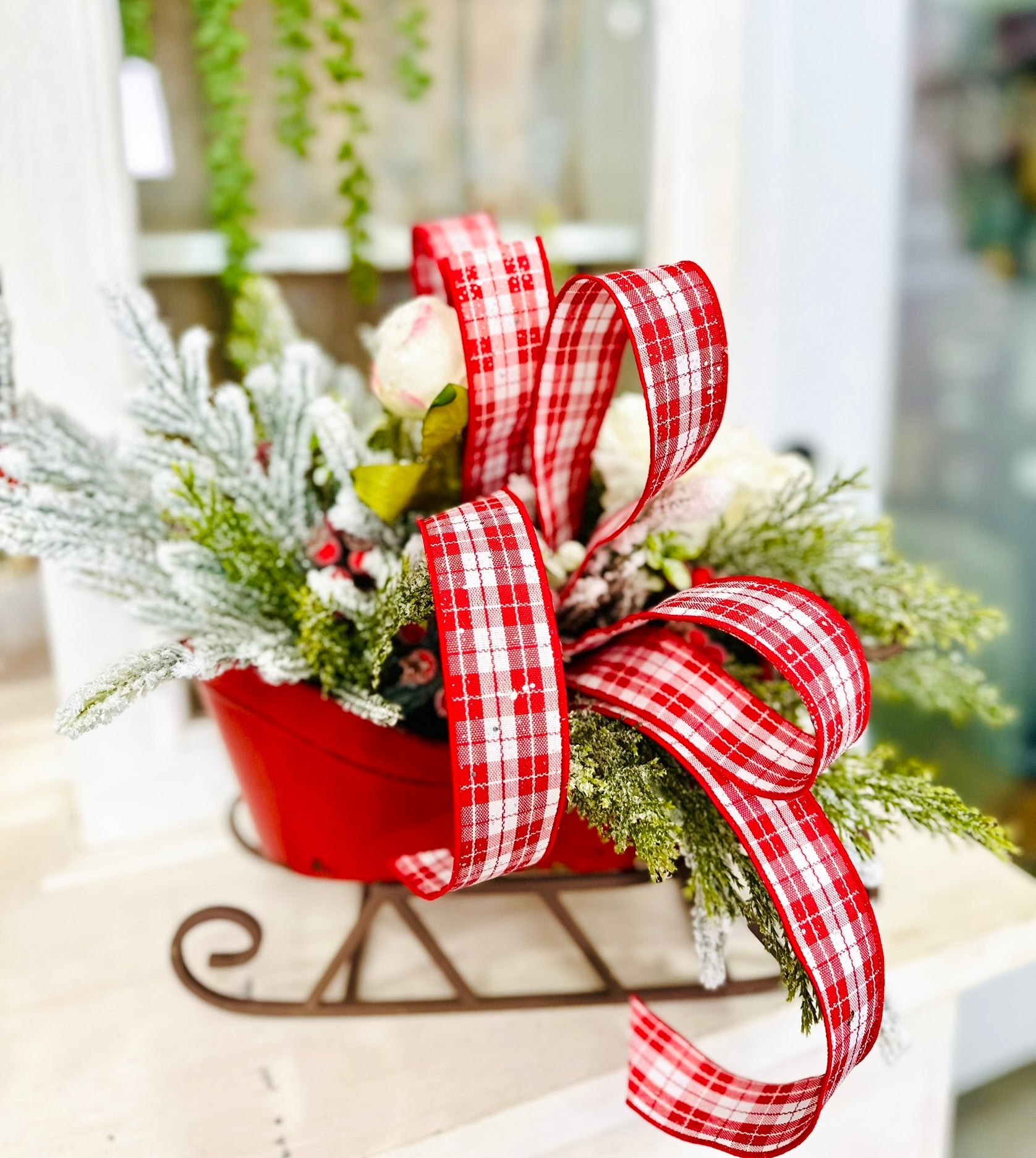 Small Christmas Sleigh Centerpiece with Plaid Bow & Winter Greenery TCT Crafts