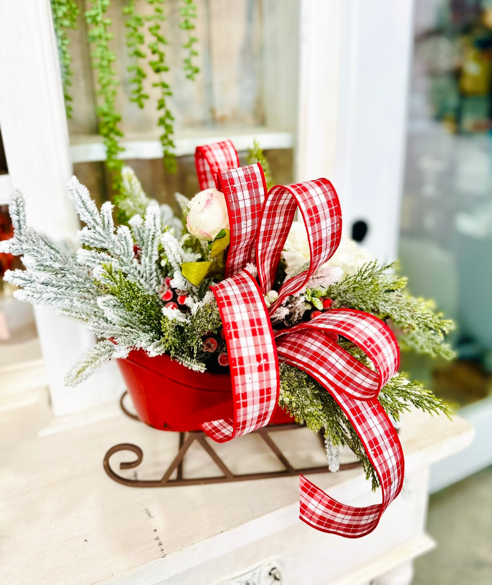 Small Christmas Sleigh Centerpiece with Plaid Bow & Winter Greenery TCT Crafts