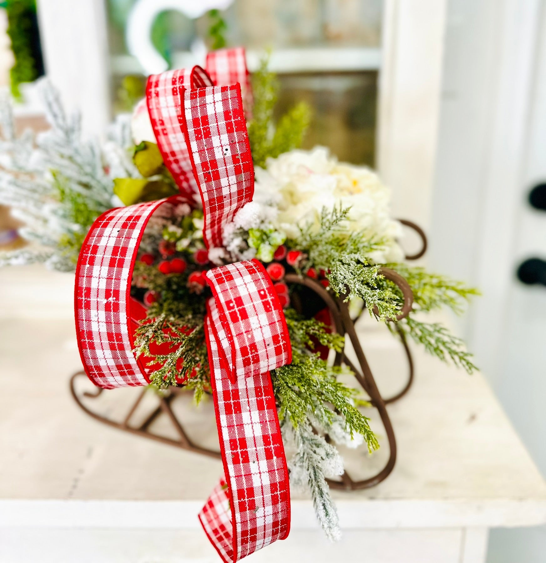 Small Christmas Sleigh Centerpiece with Plaid Bow & Winter Greenery TCT Crafts