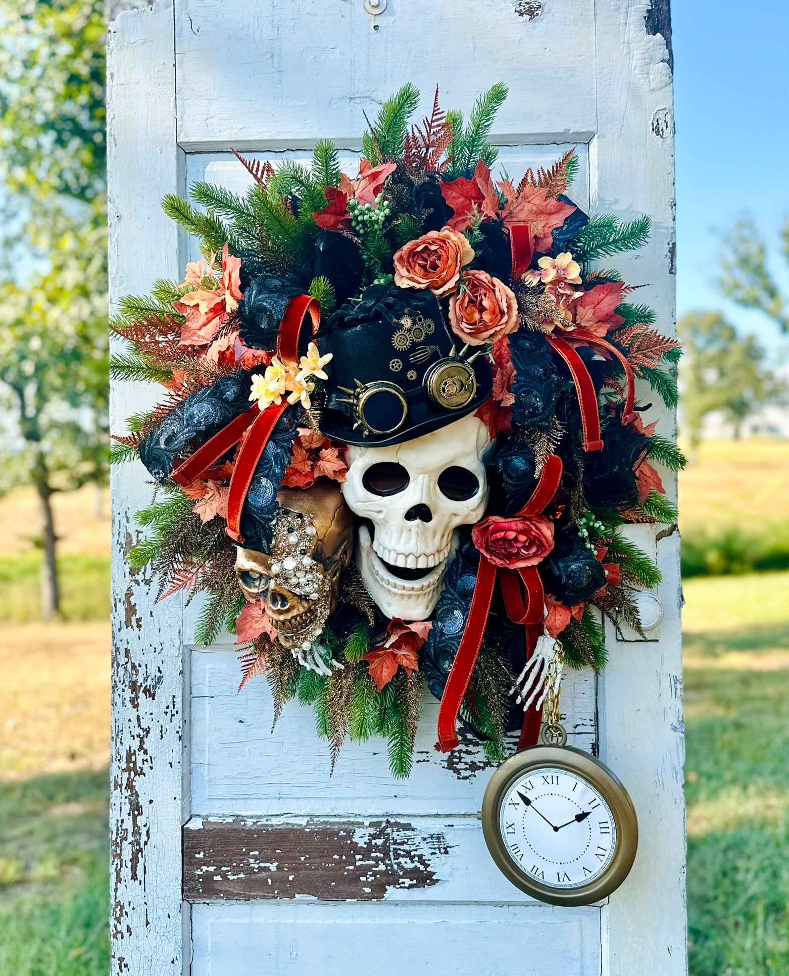 XL Steampunk Halloween Wreath with Skulls, Crows, Clock & Velvet Ribbon – Gothic Fall Door Decor TCT Crafts
