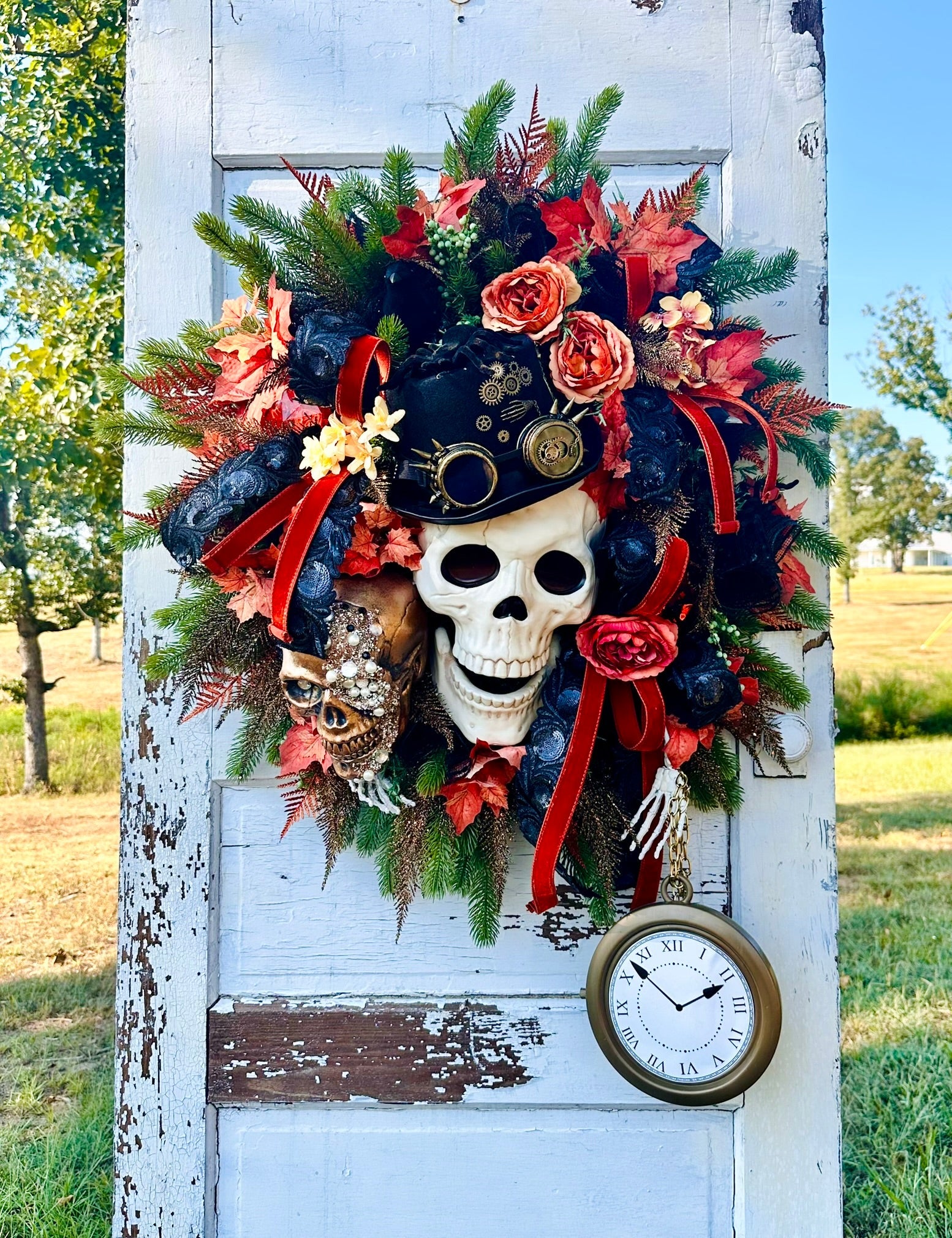 XL Steampunk Halloween Wreath with Skulls, Crows, Clock & Velvet Ribbon – Gothic Fall Door Decor TCT Crafts