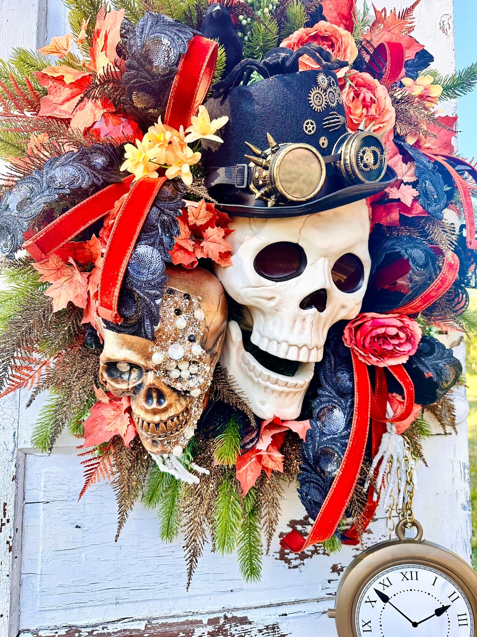 XL Steampunk Halloween Wreath with Skulls, Crows, Clock & Velvet Ribbon – Gothic Fall Door Decor TCT Crafts