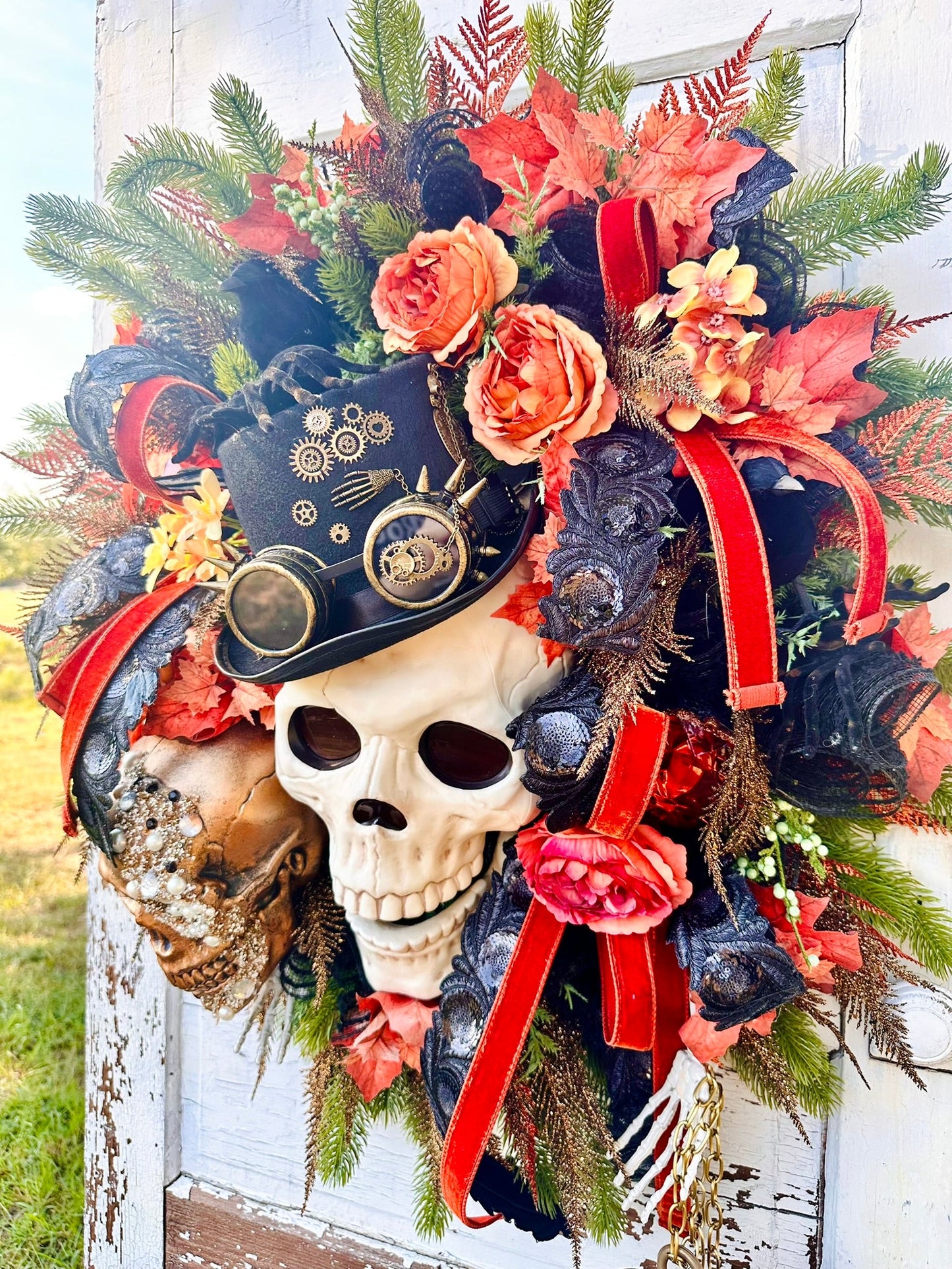 XL Steampunk Halloween Wreath with Skulls, Crows, Clock & Velvet Ribbon – Gothic Fall Door Decor TCT Crafts