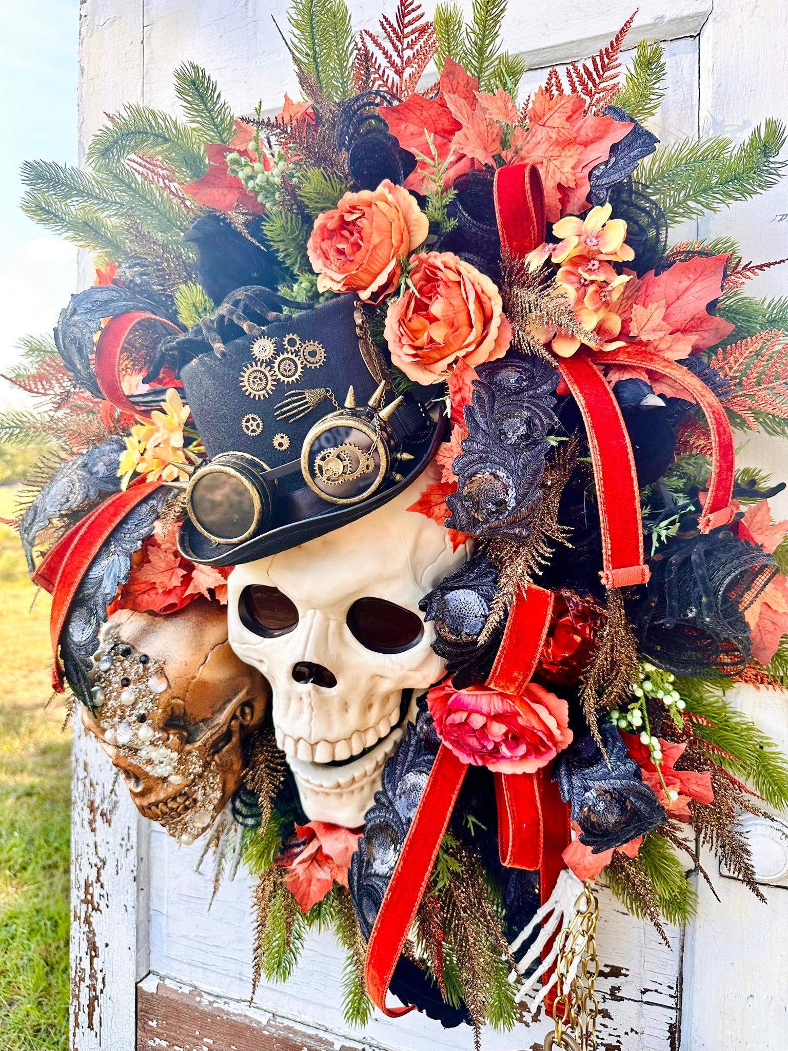 XL Steampunk Halloween Wreath with Skulls, Crows, Clock & Velvet Ribbon – Gothic Fall Door Decor TCT Crafts