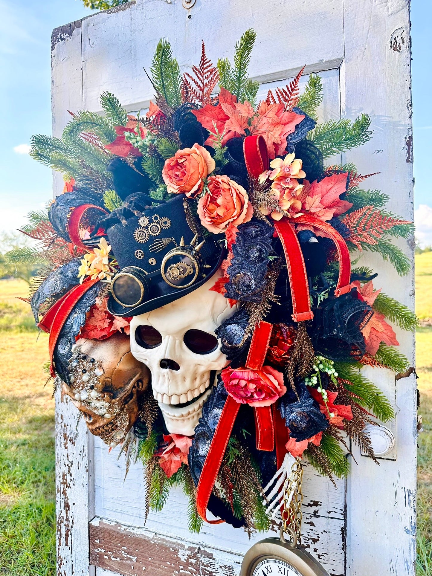 XL Steampunk Halloween Wreath with Skulls, Crows, Clock & Velvet Ribbon – Gothic Fall Door Decor TCT Crafts