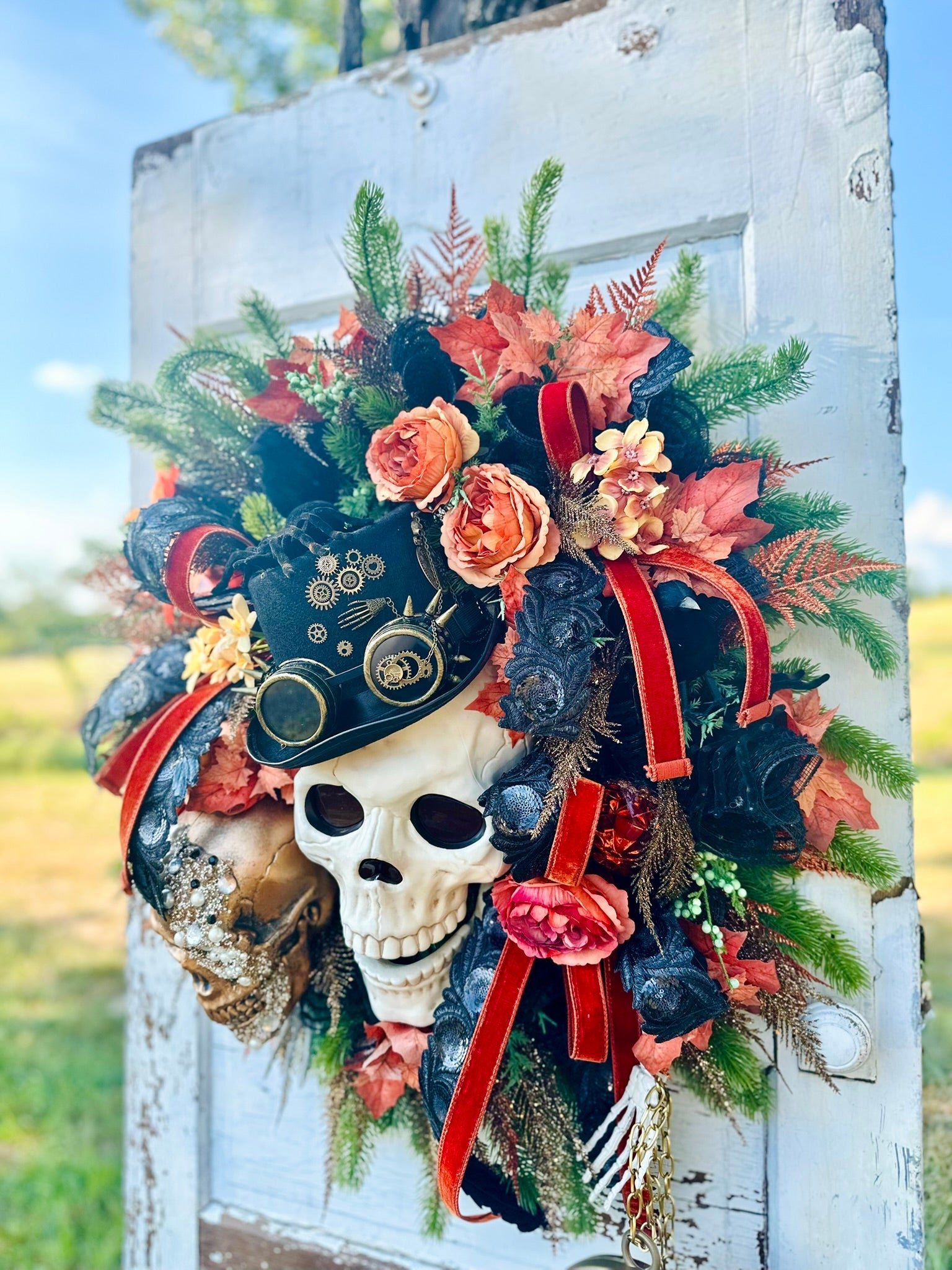 XL Steampunk Halloween Wreath with Skulls, Crows, Clock & Velvet Ribbon – Gothic Fall Door Decor TCT Crafts